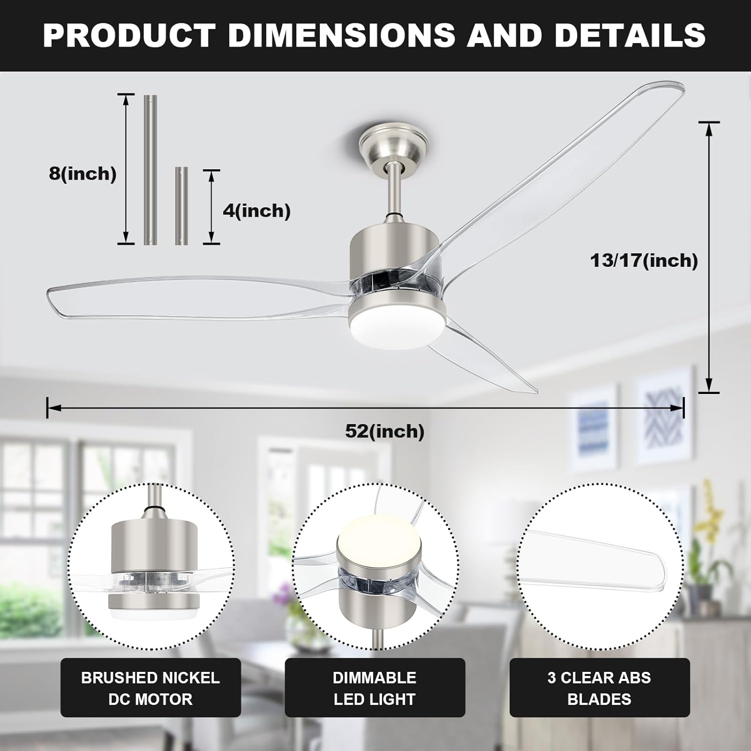 okeli clear ceiling fan with light, 52 inch brushed nickel transparent ceiling fans with light and remote 3 reversible blade led ceiling fan and light combo for living room, bedroom, patio brushed nickel 52 inch