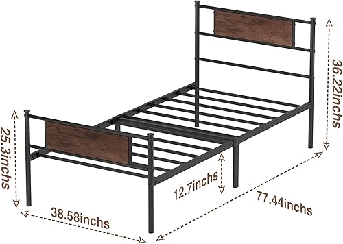 Miniatura 2 de Weehom Base de cama individual con cabecero, base de cama de plataforma de metal de 12.7 pulgadas, no necesita somier, cama individual negra,