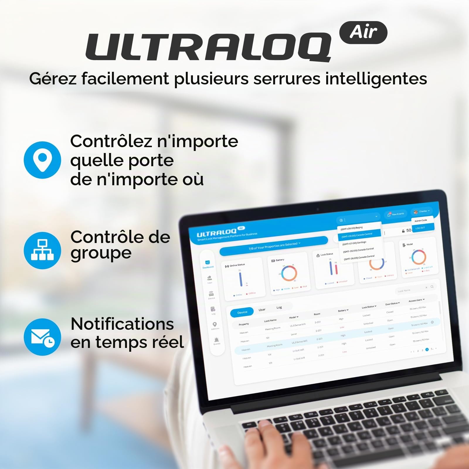 ULTRALOQ Latch 5 Serrure intelligente WiFi intégrée avec NFC, serrure de porte d'entrée sans clé 5 en 1 avec clavier numérique tactile, serrure à poignée intelligente, contrôle par application, noir