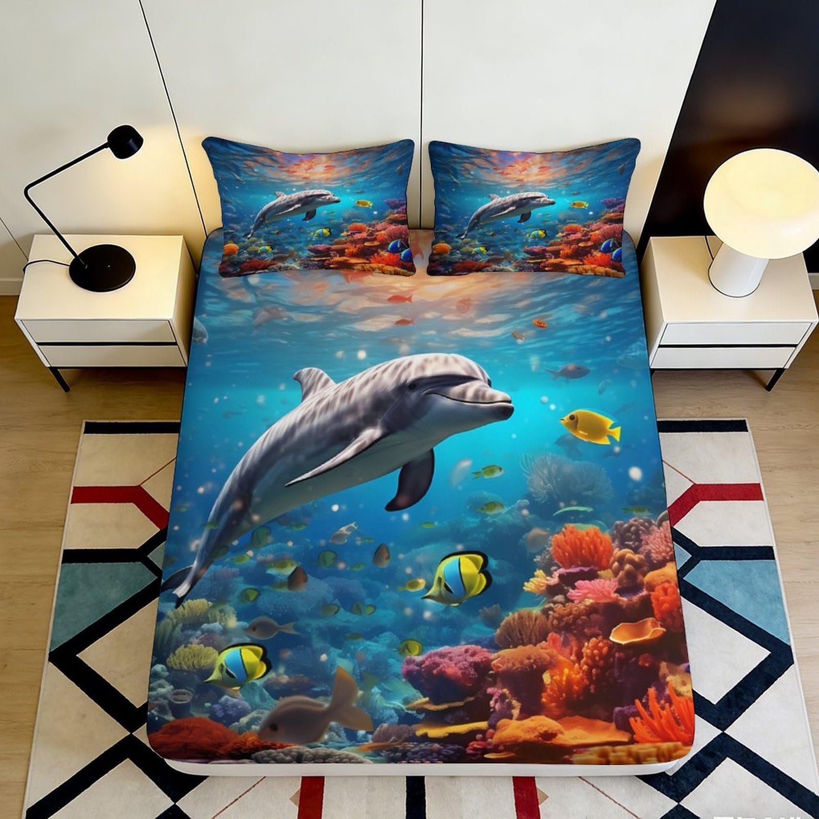 3D Printed Ocean Dolphin Fitted Sheet Microfiber Soft Blue Underwater Coral Bed Cover for Bedroom Dorm Decor 90x200x25cm