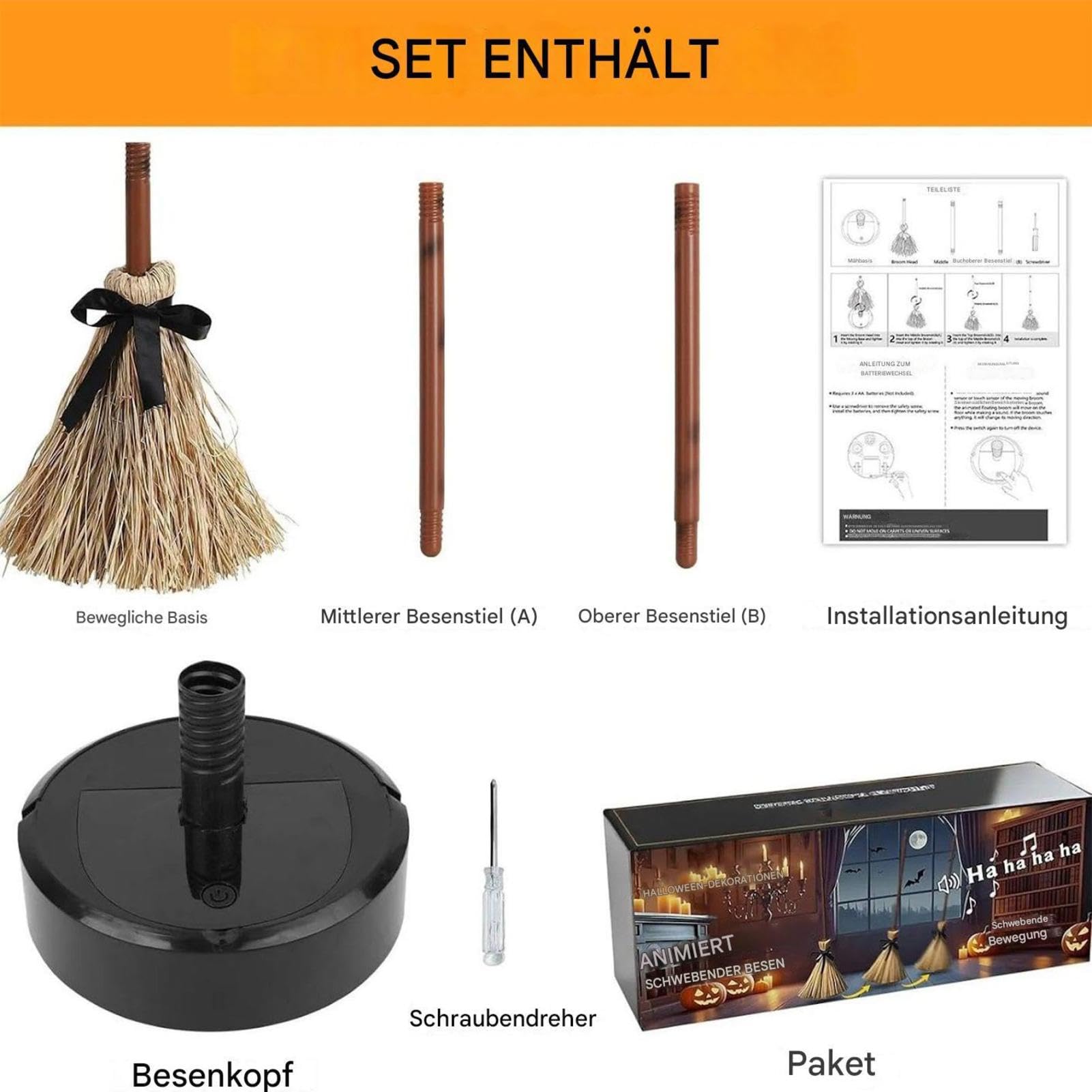 Hexenbesen – schwebender Besen mit Licht- und Bewegungssensor | Tanzende Besen, gruselige Dekoration für Hauspartys, beweglicher Hexenbesen für Flur, Hof, Party, Eingangsbereich, Terrasse, Garten