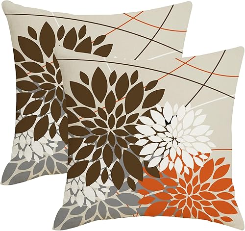 Juego de 2 fundas de almohada florales de dalia marrón y naranja gris de 18 x 18 pulgadas, para exteriores, modernas, café, blanco, gris, flores,