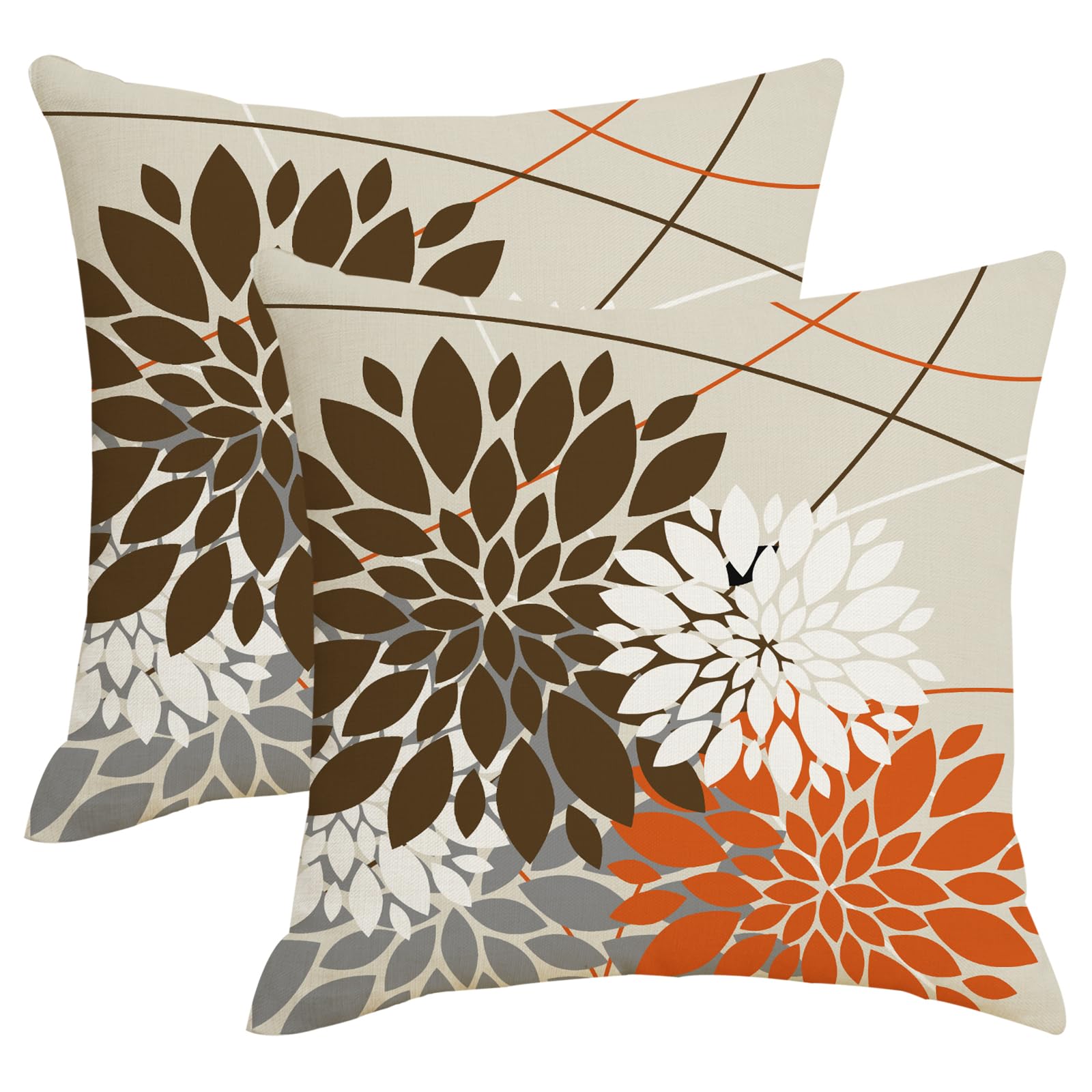 AWJTNCQ Brown and Orange Gray Dahlia Floral Pillow Covers 16x16 Set of 2 Outdoor Modern Coffee Grey White Flower Throw Pillows Cover Summer Fall