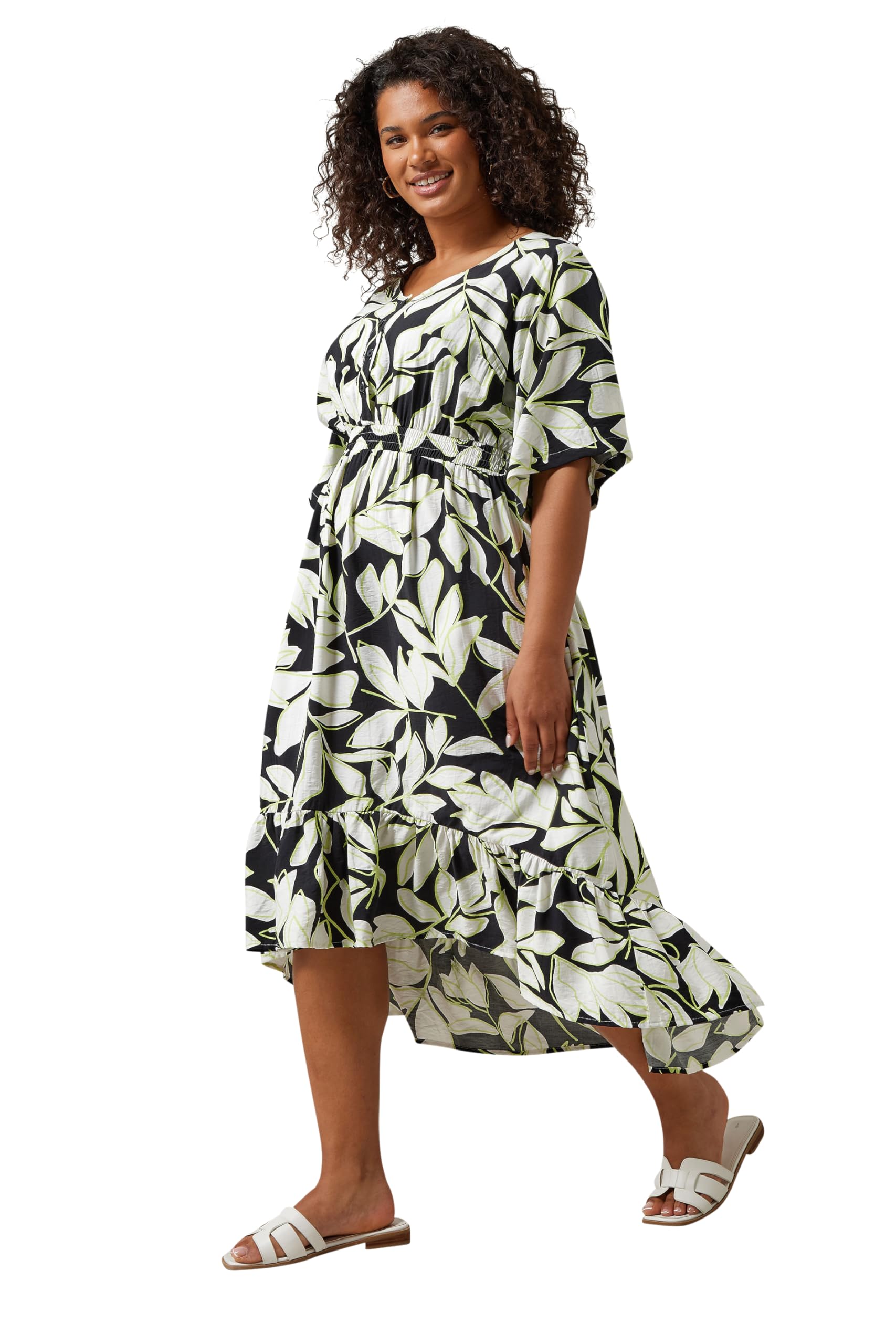 Evans Women's Black Curve Leaf Print Dipped Hem Midi Dress - Plus Size Curve