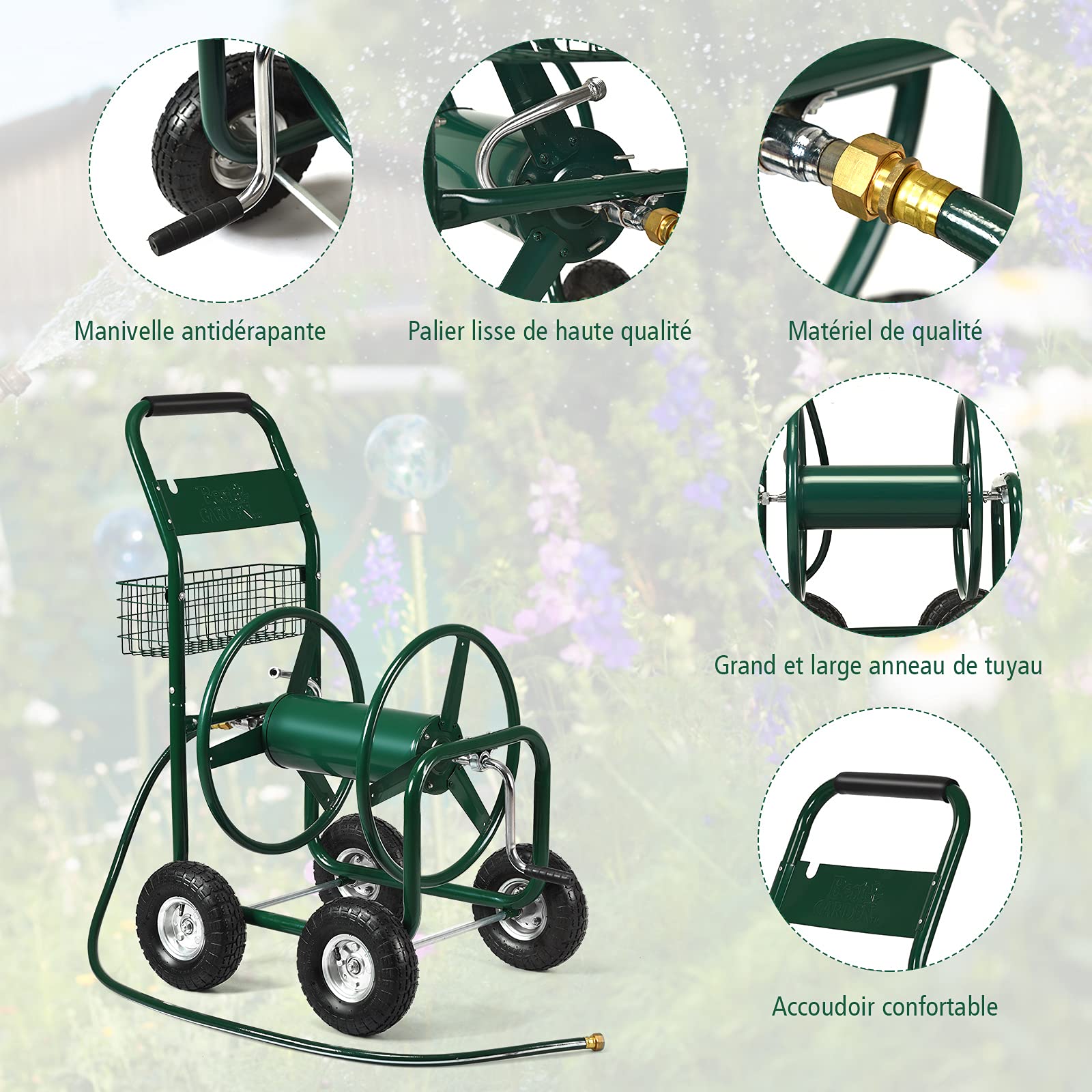 RELAX4LIFE Chariot Dévitoir d’Arrosage Mobile, Enrouleuer Tuyaux en Métal avec Roues et Panier, Système Robuste d’Irrigation et de Jardinage, Idéal pour Arrosage des Plantes et Nettoyage de Véhicule