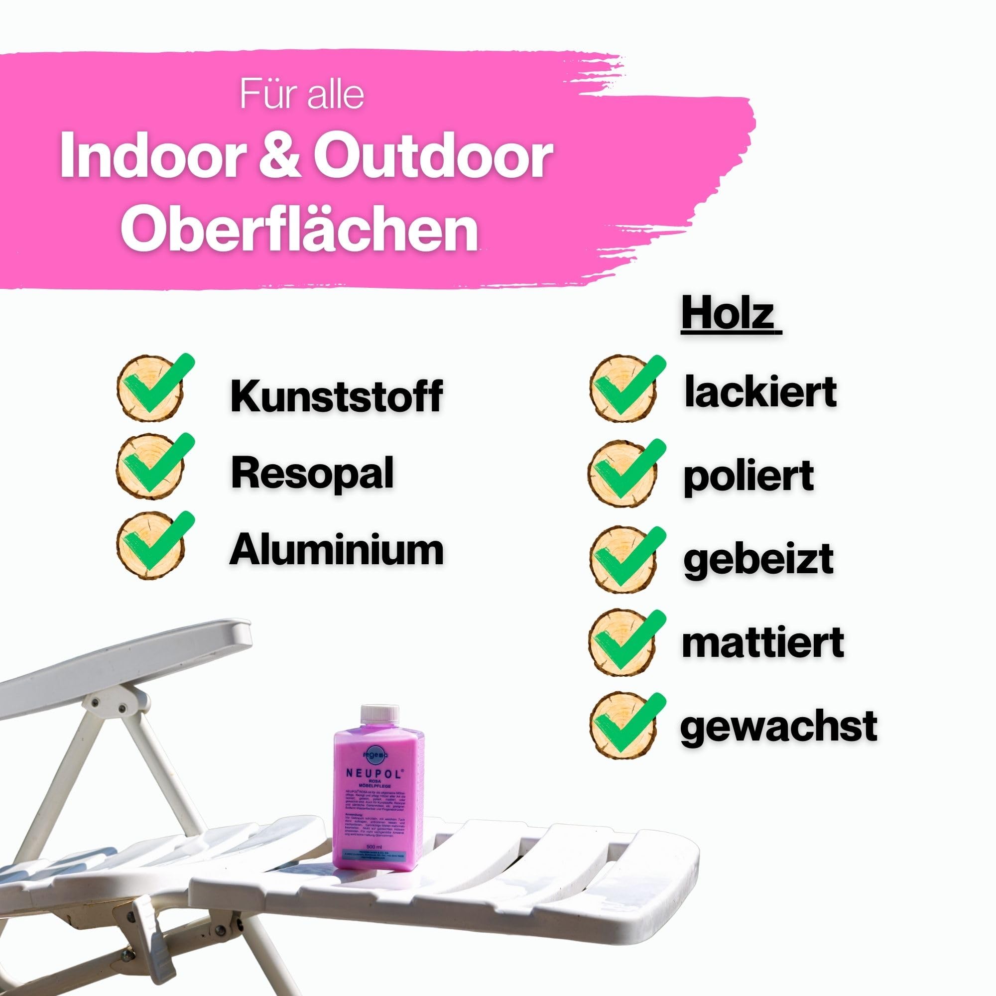 TIMBERINO Pflegeset Neupol Rosa Holzöl [500ml] Möbelpolitur Holz Innen Gartenmöbel Echtholz Furnier Kunststoff Resopal [Holzöl+Öltuch+Pinsel+Handschuh] WPC Pflege Arbeitsplatten Öl