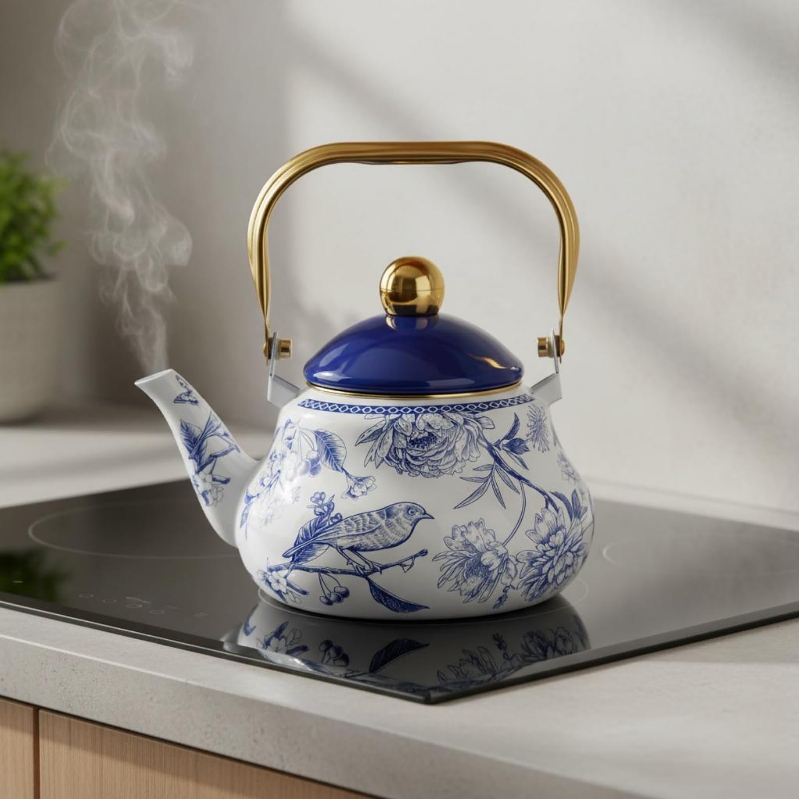 Emaillierte Teekanne leicht zu reinigen -weißer Teekanne leichte Reinigung Emaille- für Teestunde, Küche, 1.5L, Amerikanischer Retro-Stil, Kaffeemotive