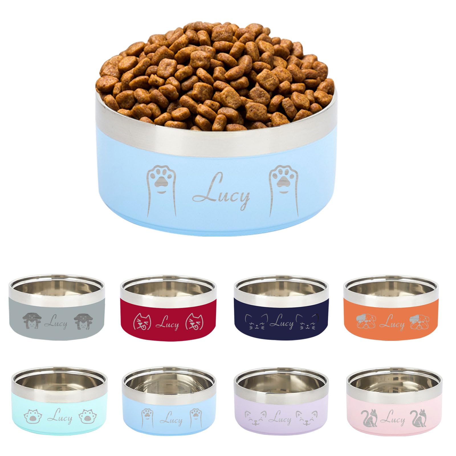 Personalized Engraved Name Pet Bowl, Custom Stainless Steel Cat and Dog Dual-Use Bowl, Durable Double-Layer Design with Reinforced Non-Slip Base, Perfect as a Special Pet Gift (Light Blue)