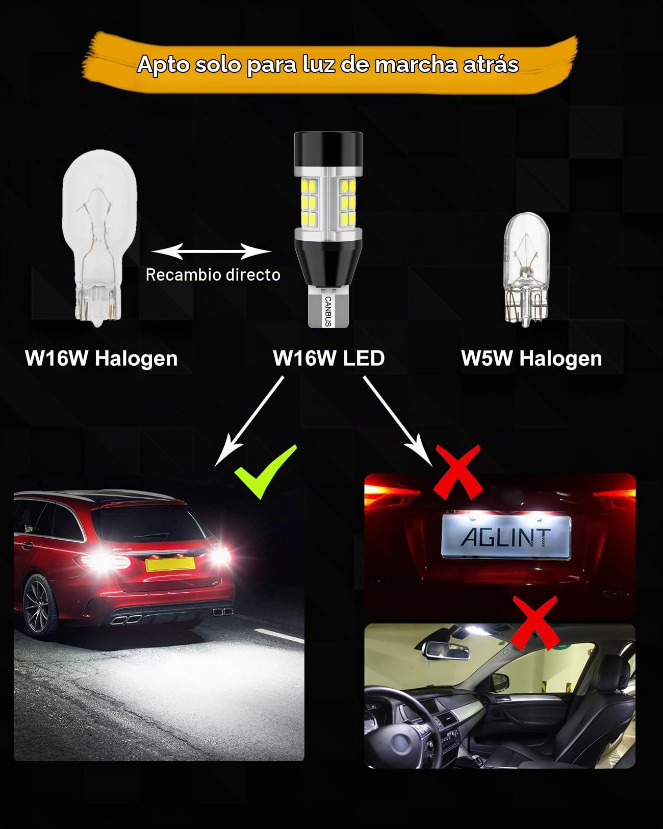 T15 W16W LED Bombilla CANBUS Alta Potencia 4000LM 912 921 para Coche Copia de Seguridad Luz Marcha Atrás Diurnas Trasera Luces 12V 6500K Blanco 2Pcs