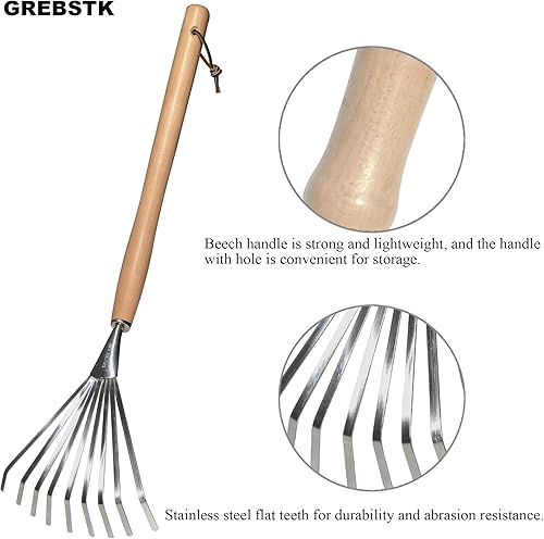 Miniatura 4 de GREBSTK Rastrillos de mano de acero inoxidable con mango de haya, rastrillo para suelo, arbustos de jardín, rastrillo de hojas, 24.5 pulgadas