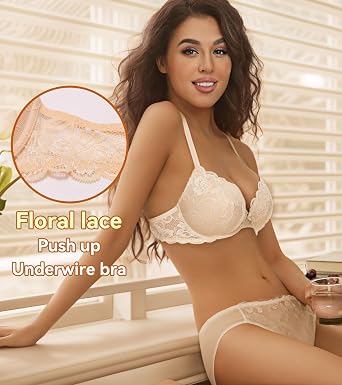 Lemorosy Women's Push Up Bra Underwire Padded Lace Brassiere Plunge V Sexy Floral Lacey Everyday Bra