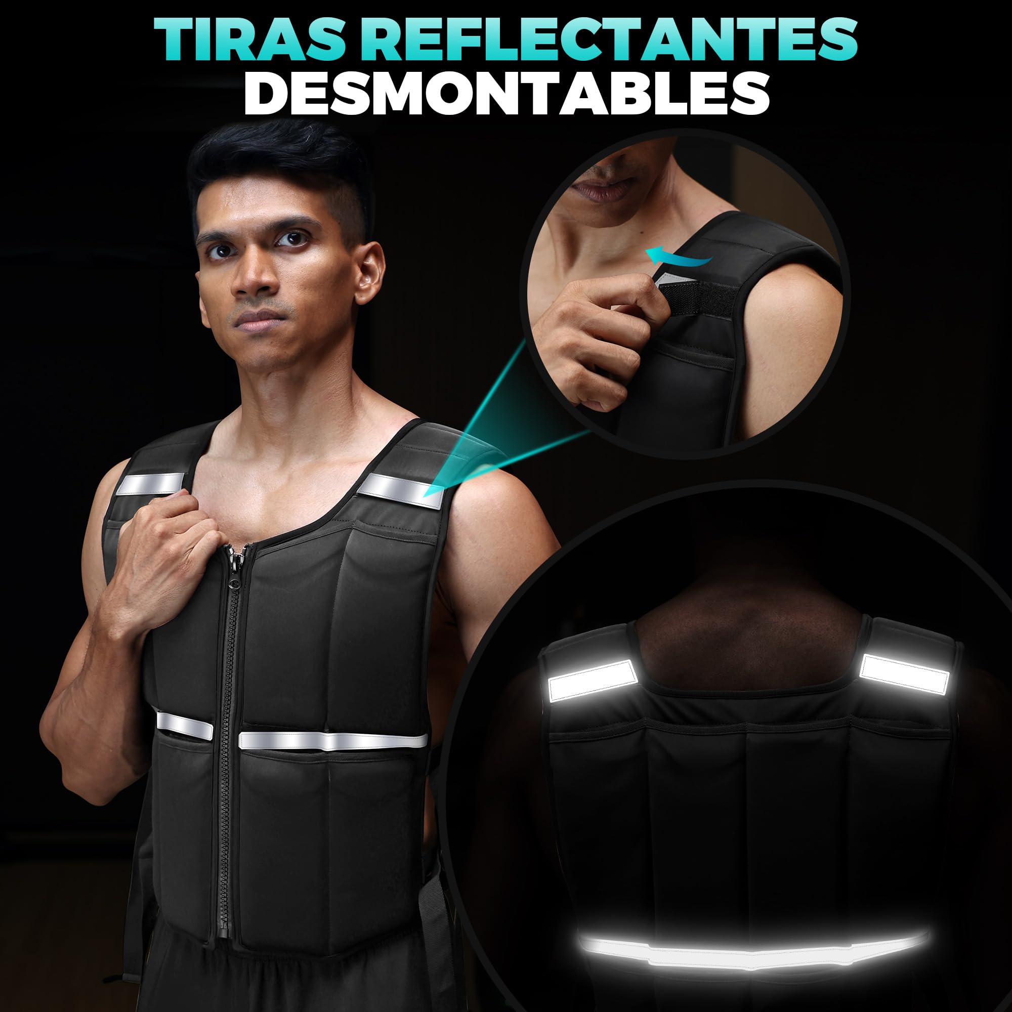 ONETWOFIT Chaleco Lastrado Ajustable 20 kg, Chaleco Peso Entrenamiento con 16 Pesas de Silicona, Chaleco Lastre con Cremallera, para Musculación y Entrenamiento de Fuerza,con bandas reflectantes