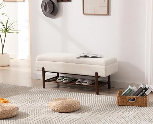 Miniatura 6 de CIMOTA Banco de almacenamiento de entrada para dormitorio, banco otomano de sherpa al final de la cama, con almacenamiento de zapatos de madera para