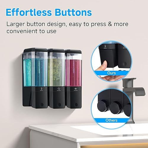 Miniatura 6 de Dispensador de ducha de 3 cámaras, sin taladro, champú y acondicionador montado en la pared, dispensador de gel corporal, gran capacidad, 50.7 fl