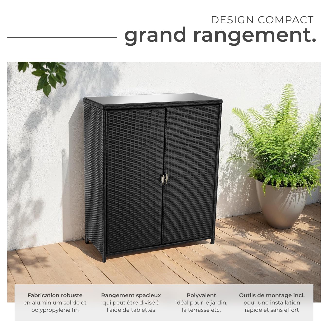 tectake® Armoire de Jardin Abri de Jardin en Résine tressée & Aluminium Inoxydable Solide, avec 2 Portes battantes, Remise pour Outils de Jardinage 3 étagères Accessoires de Piscine Jouets Enfants
