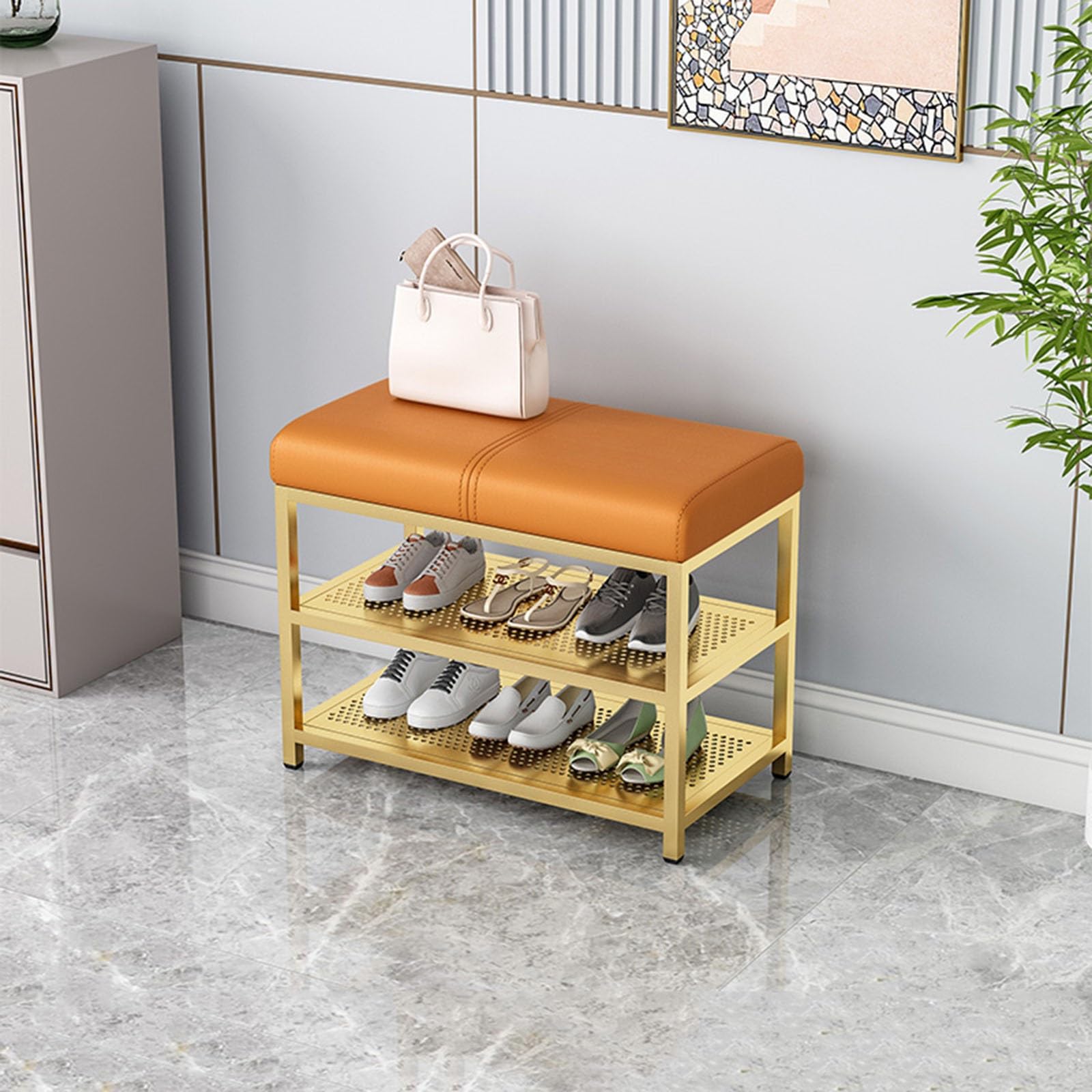 GDMDPTE Stylish Upholstered Shoe Rack Bench with Cushioned PU Leather Seat & Sturdy Metal Legs Modern Shoe Storage nizer for Entryway & Hallway ge Gold 60cm