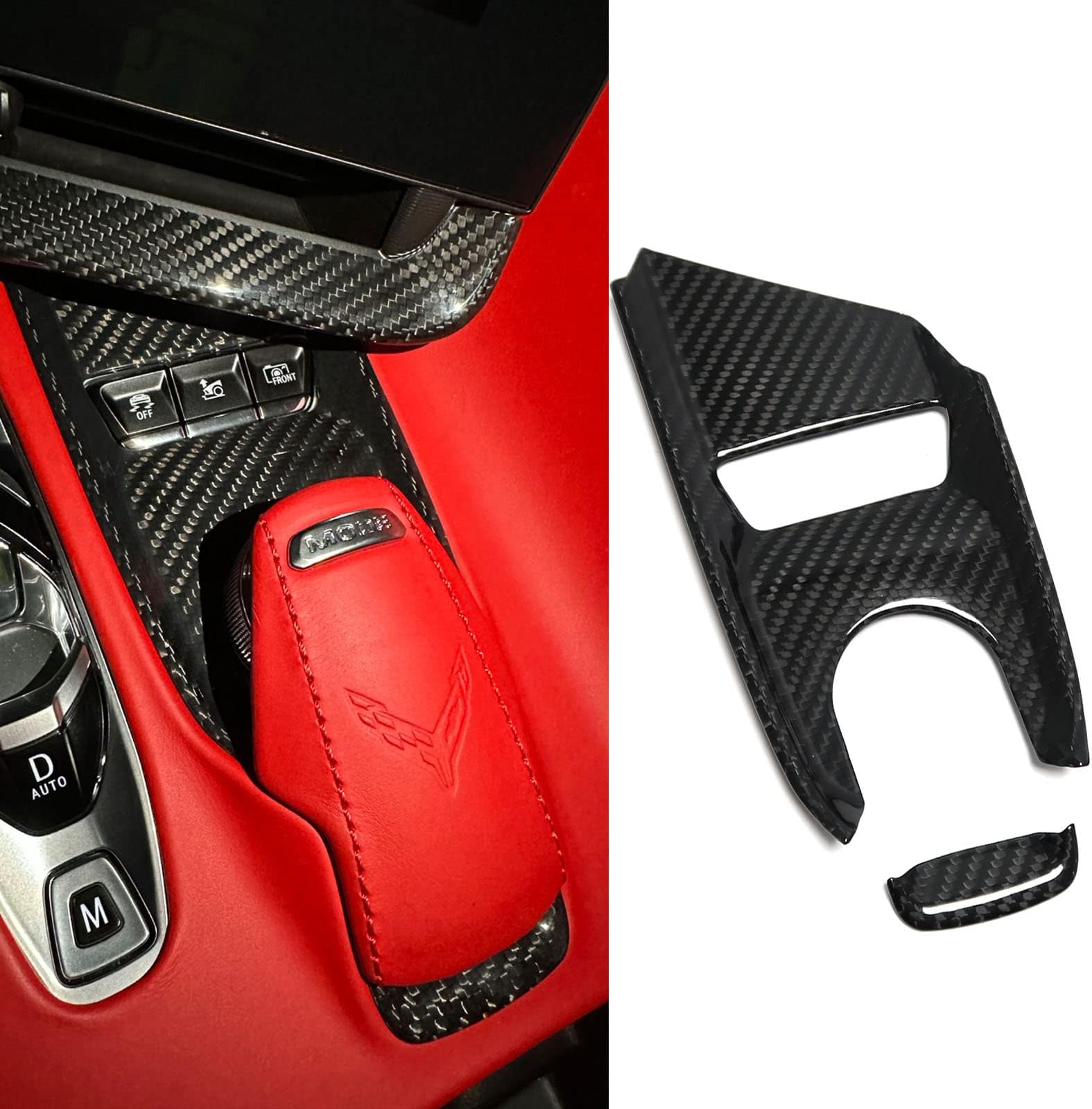 2pcs Car Console Drive Mode Selector Knob Control Overlay for C8 Corvette 2020 2021 2022 2023, Genuine Carbon Fiber Gear Base Trim