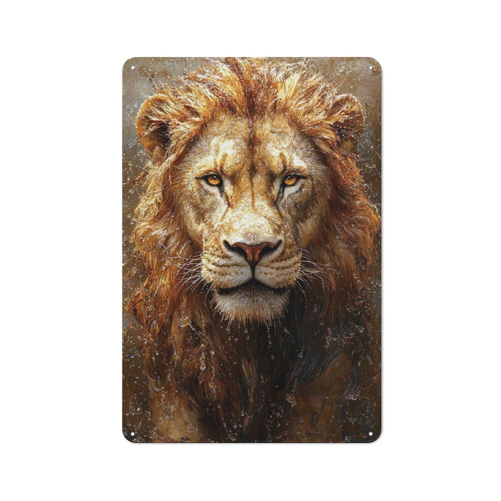 Workshop Style Garage Metal Sign 30x20cm Featuring Majestic Lion Portrait with Water Droplets, Industrial Wall Art for Garage, Hobby Room, Office Or Man Cave