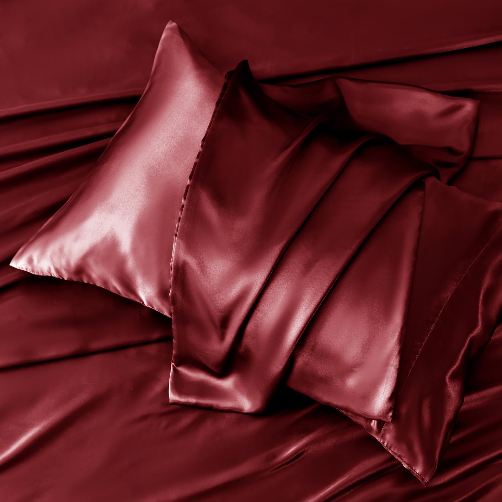 CozyLux Satin Sheets Queen Size Bed Set - 4 Piece Silky Queen Sheet Set, Luxury Sheets with Smooth and Soft Microfiber, Includes 1 Fitted Sheet, 1 Flat Sheet and 2 Pillowcases: Burgundy Queen(6Pc)