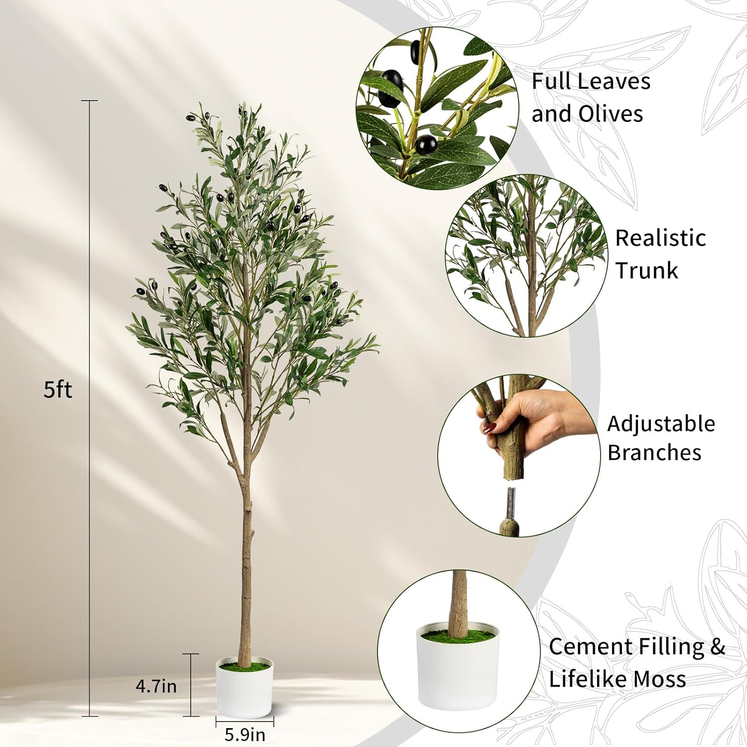 5ft artificial olive tree, indoor faux olive tree fake potted silk olive tree plants with lifelike branches & fruits for home office decor 5ft olive tree
