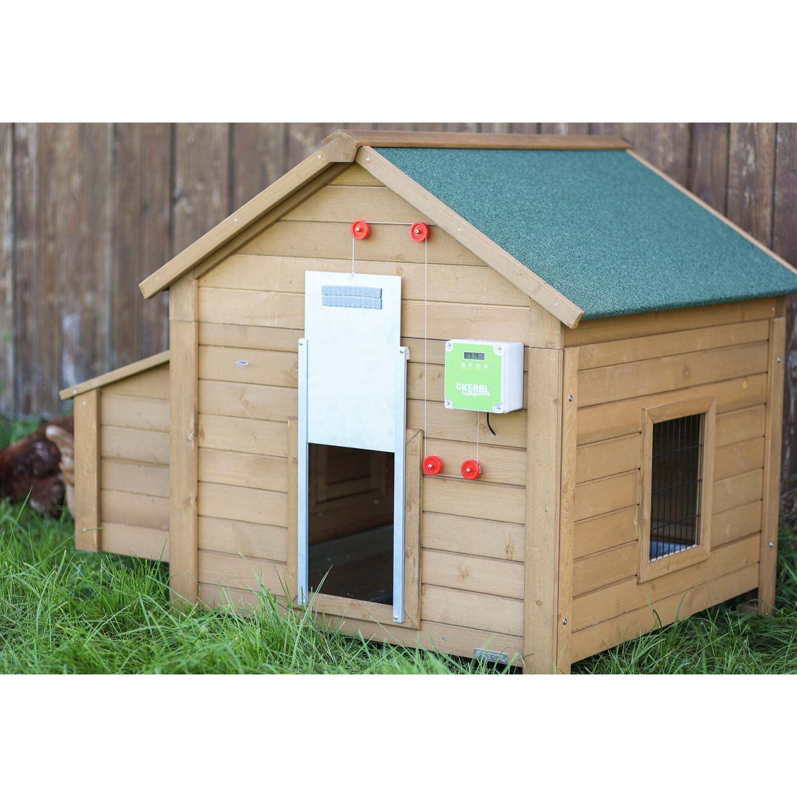 Kerbl, sportello automatico per pollaio con cursore, 43 x 40 cm, apriporta con sensore di luce, timer e manuale, porta di sicurezza per pollo, funzione di ritenuta integrata
