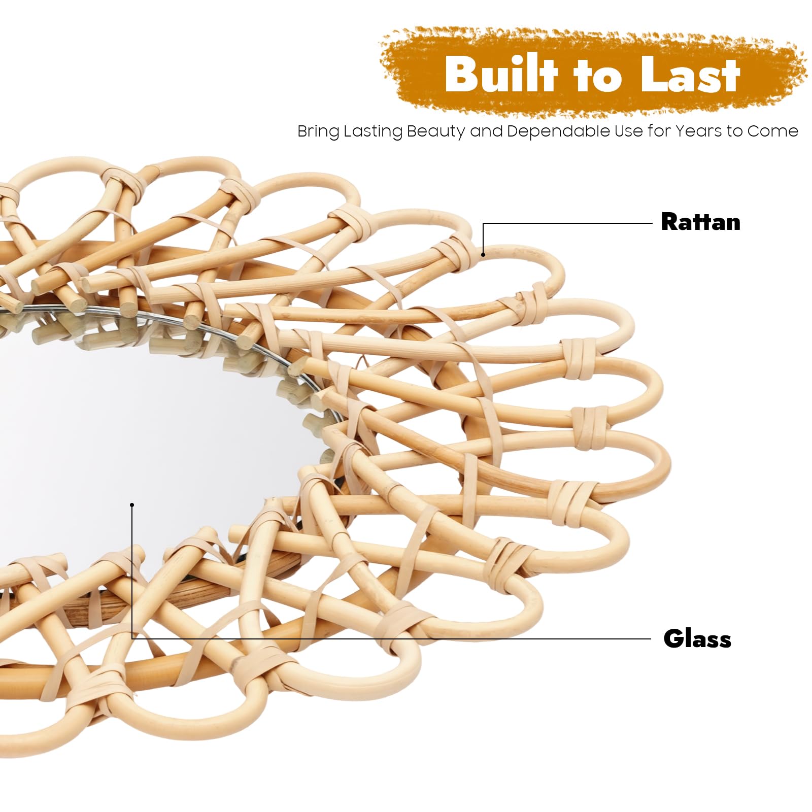 Espejo de ratán trenzado a mano, diámetro total 40 cm, redondo con espejo de 20 cm, decoración natural para salón y pasillo, espejo de pared con gancho para colgar, en color madera