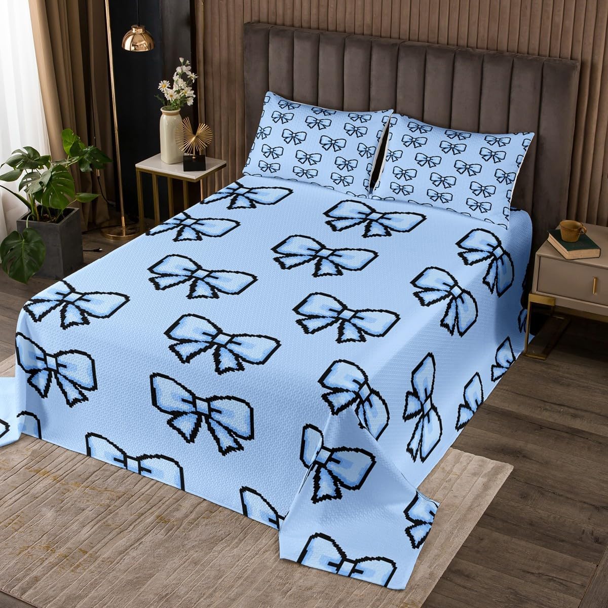 Princess Bow Tie Butterfly Knot Bedspread King,Cartoon Pixelated Theme Blue Bow Quilted Coverlet 3pcs for Adults Teens Room Decor,Bowknot Soft Breathable Bedding Quilt