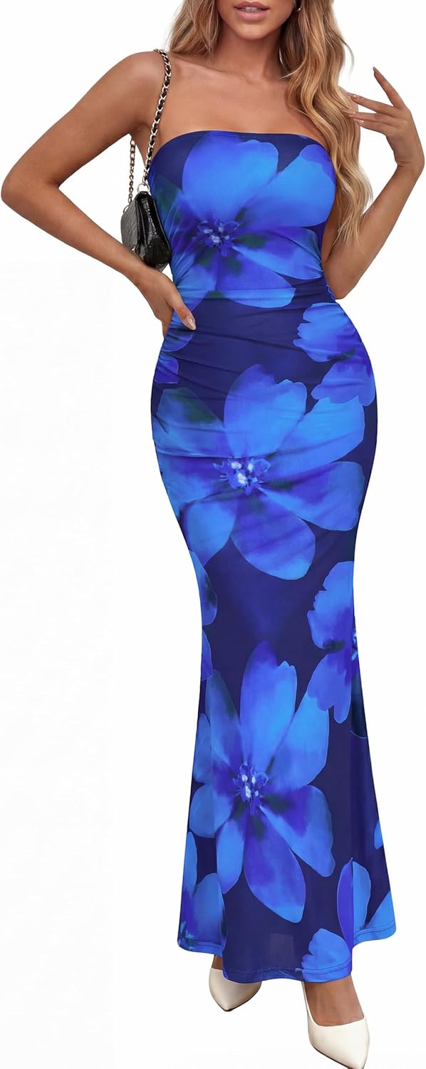 PRETTYGARDEN Womens Spring Dresses 2026 Sexy Strapless Tube Bodycon Mesh Ruched Floral Maxi Dress Wedding Club Outfits