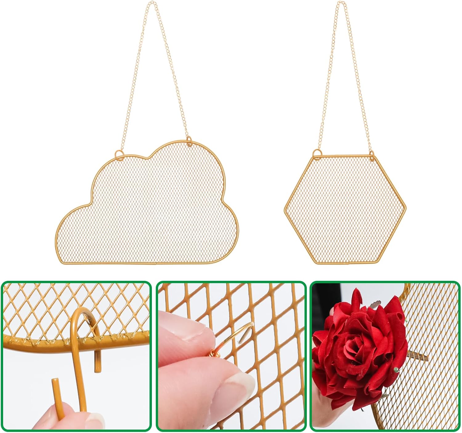 2pcs Gold Wall Mounted Earring Organizer with 10 Hooks,Decorative Jewelry Stand Diamond Grid Display Rack Hanging Hook,Metal Jewelry Holder for Home/Necklaces/Bracelets(Hexagon+Cloud)