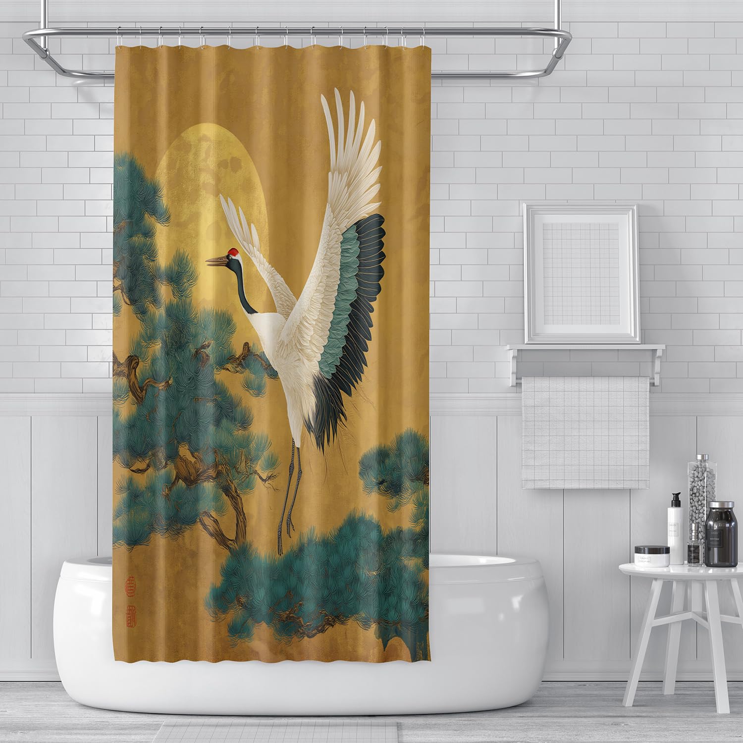 Duschvorhang 200x200 mit Japanischem Weißen Kranich, Blauen Kiefern und Mond, Badezimmervorhang, Braun, Wasserdichtes Polyestergewebe für Nassraum Badezimmerdekor mit Haken, B200 x H200 cm (1Er Pac