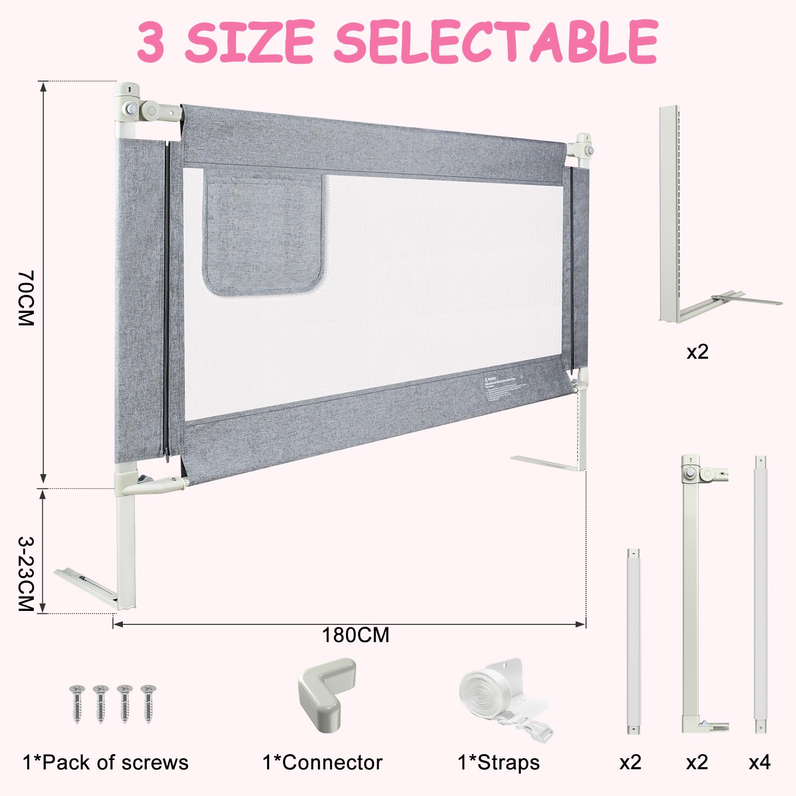 barrière de lit 70-93cm – modèle Vertical à Hauteur réglable 28 Niveaux, Longueur 180cm, pour Matelas Jusqu’à 30cm, Fixation Simple par Sangle en Y