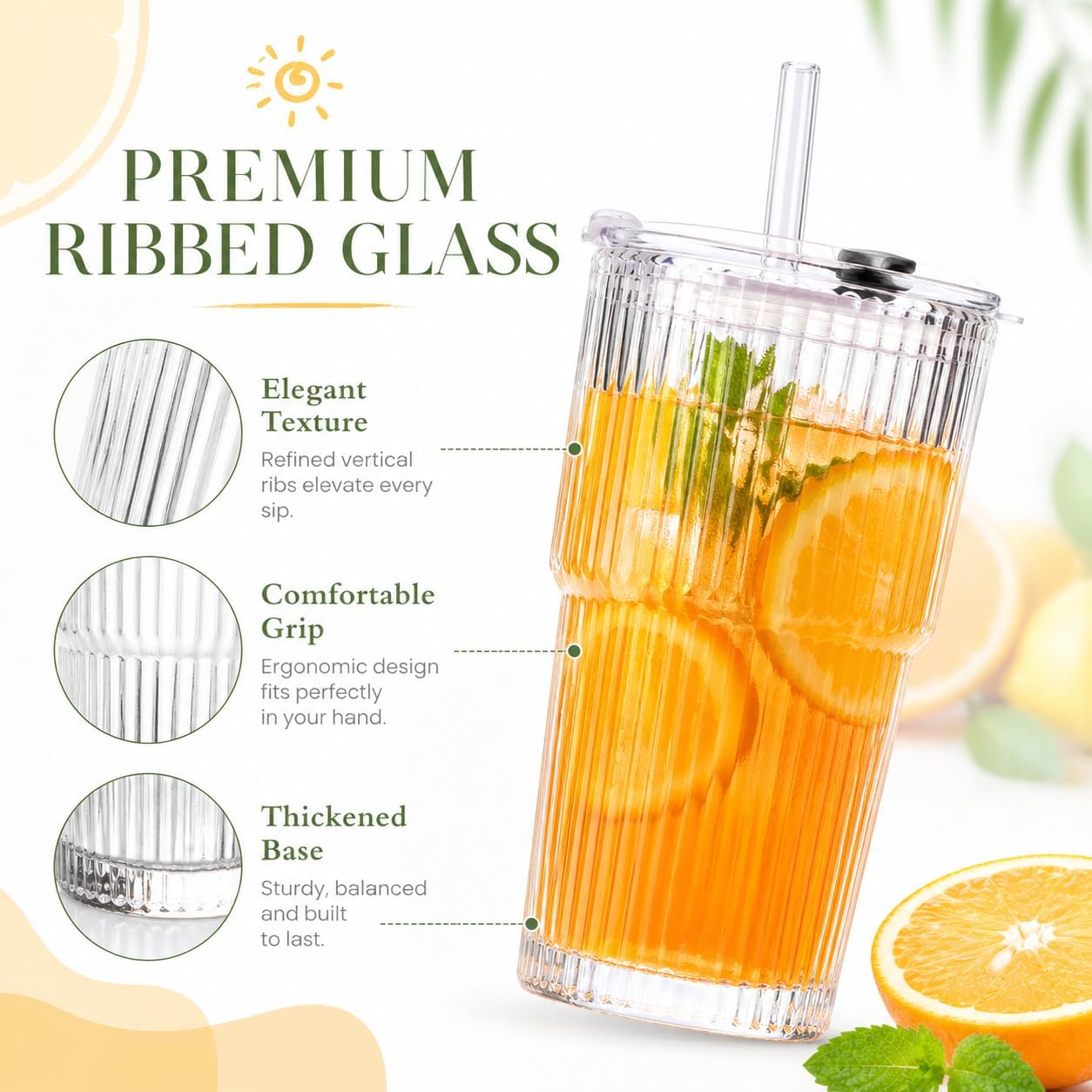 ALINK 2 bicchieri in vetro a coste da 600 ml, con coperchio e cannuccia, bicchieri da caffè freddo, set da long drink, design ermetico e impermeabile, ideali come caffè