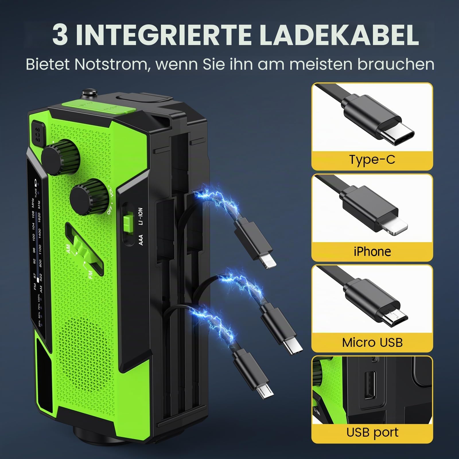 Kurbelradio, Radio mit Kurbel und Solar Notfall Ausrüstung mit 3 integrierten Kabeln, 4000mAh Notfallradio Emergency Power Bank mit LED Taschenlampe, AM/FM mit SOS Alarm für Survival, Ourdoor, Camping
