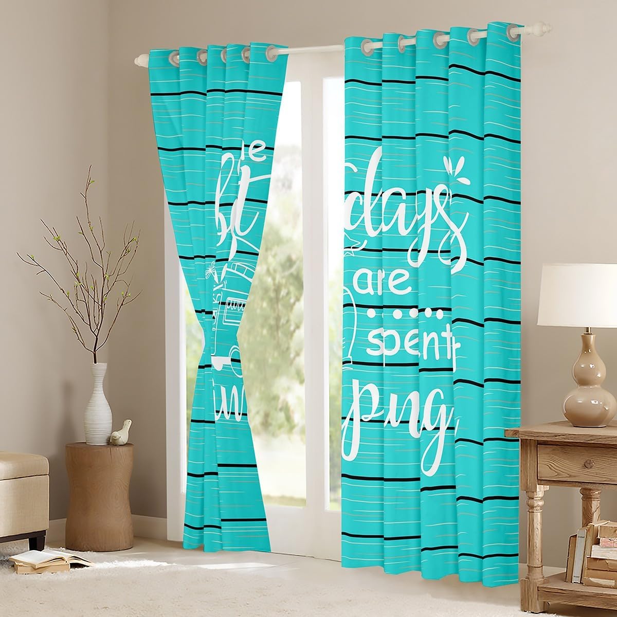 Happy Camping Campers Blackout Curtains Wooden Geometric Stripes Window Drapes for Kids Teens,Happy Outdoors Natural Rustic Blue Window Treatments Grommet Top 2 Panel Set Bedroom Curtains,52X63 inch