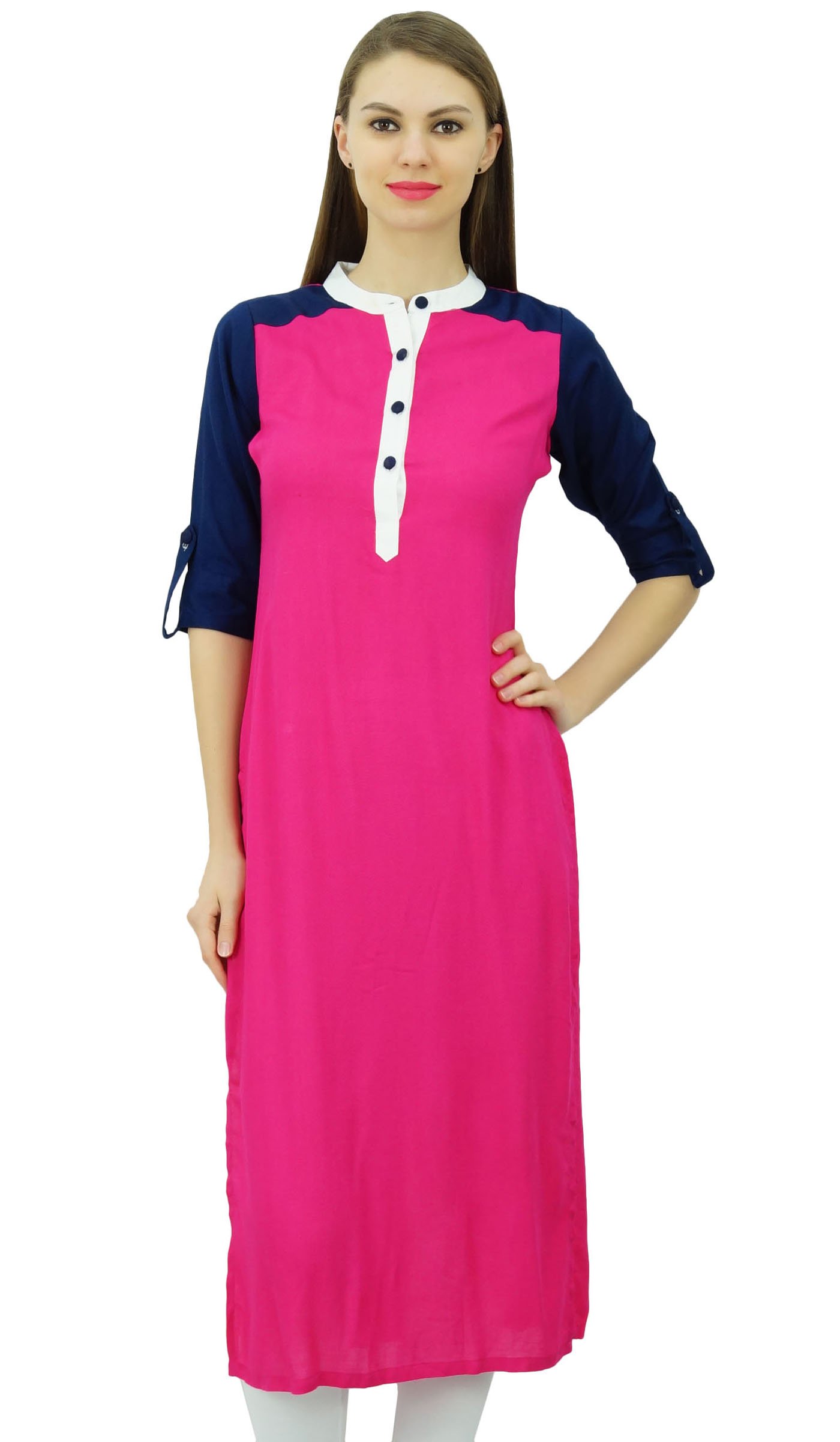 Phagun Women's Pink Indian Ethnic Rayon Punjabi Kurti For Mandarin Collar Casual Tunic Blouse