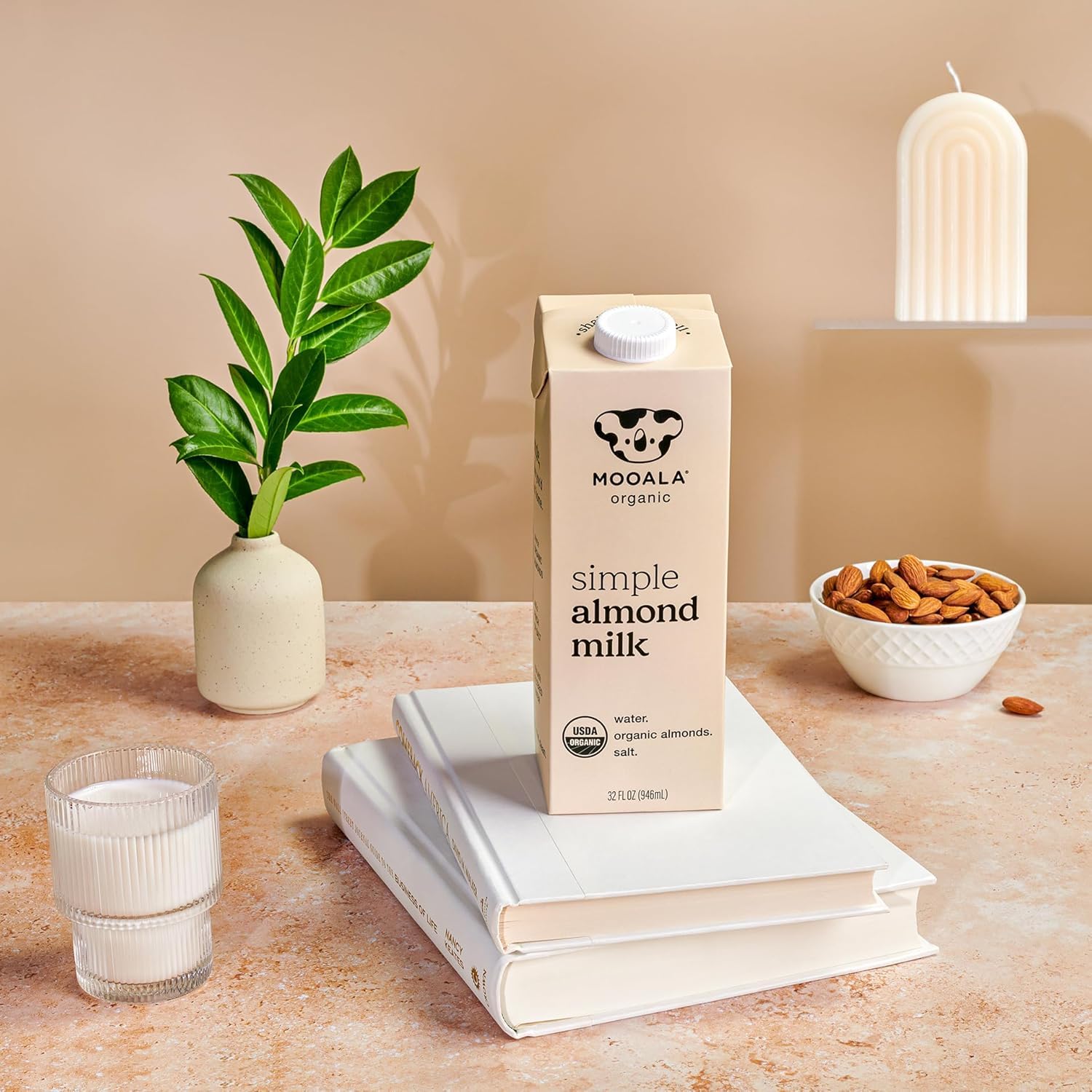 Mooala Organic Simple Almond Milk, 32oz - 3 Ingredient, Shelf Stable, No Gums, No Oils, No Fillers, Unsweetened, Non-GMO, No Additives, Dairy Free Plant Based Milk