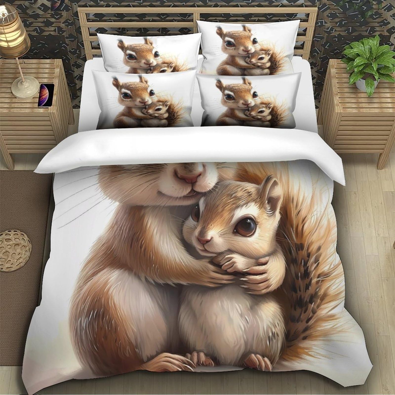 Abbraccio carino dello scoiattolo 3D Stampa Coperteletto 3pz Microfibra Lavabile Digitale Coperteletto 2 federe Zip nascosta Arredo Camera Coppie Super king（260x220cm）