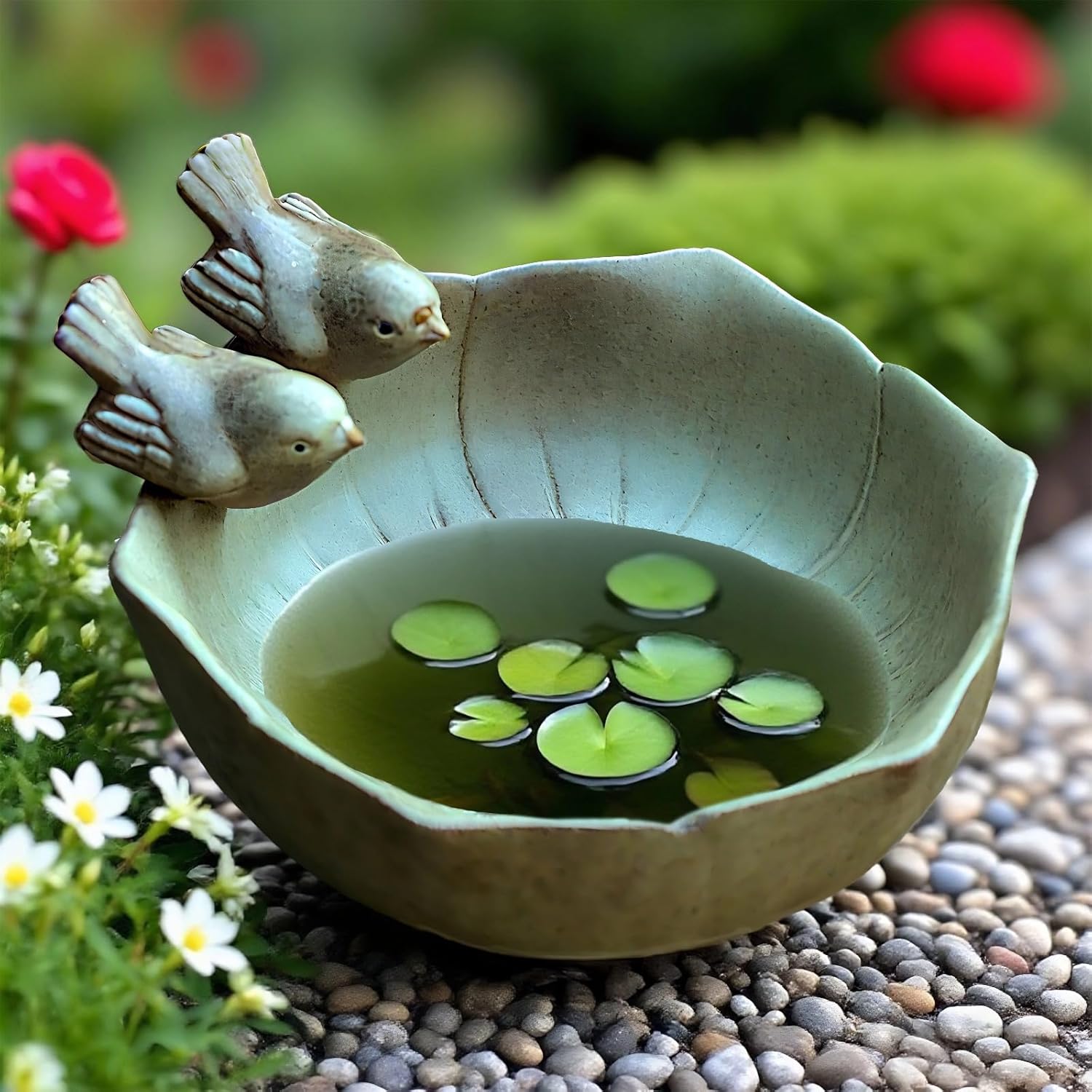 Multi-Use Baths Bird, Ceramic Bird Bath Garden, 6.3 In (16 Cm) Decor Table Outdoor Antique, Planter Ceramic Small For Lily, Lotus, Fish, Greenish-Brown, Decor Garden Table
