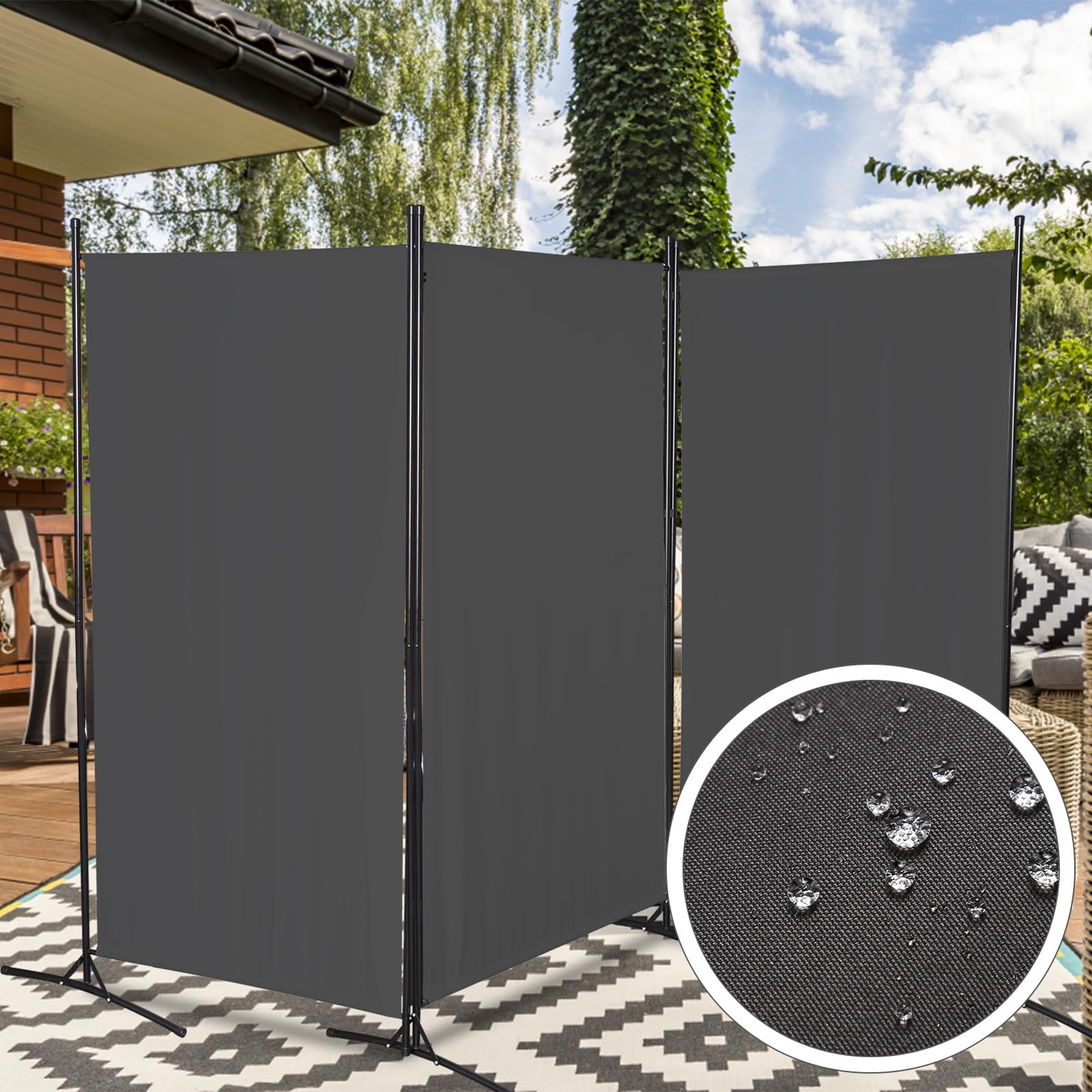 Paravento divisorio pieghevole in 3 pezzi, indipendente, per spogliatoio, schermo visivo da parete, divisorio per interni, esterni, giardino, uffici, terrazza, 260 x 180 cm, grigio scuro