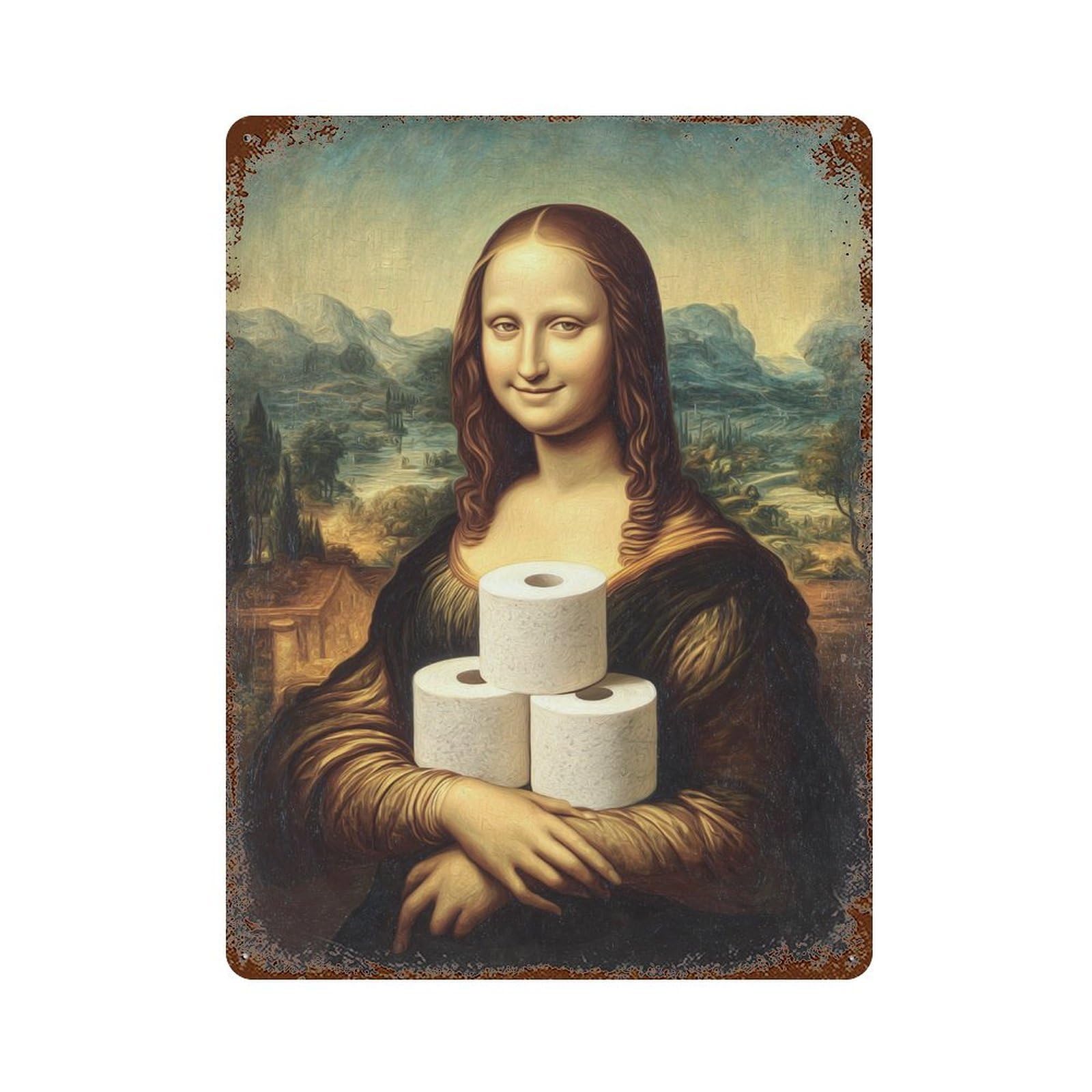 Monumental Mona Lisa with Toilet Paper -1 15.7"x11.8" Decorative Tin Sign, Retro Wall Decor for Bistro, Counter And Cafe Decor