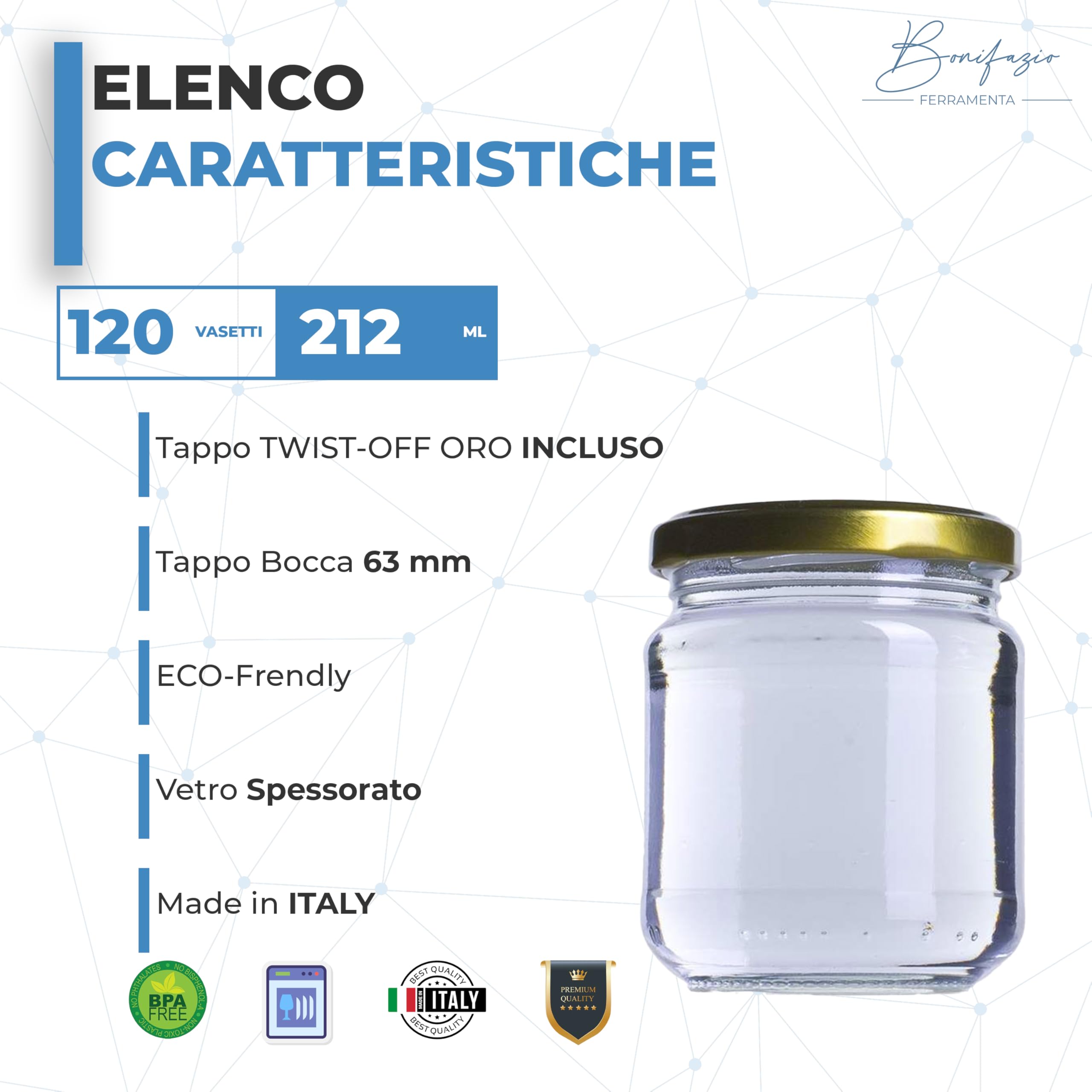 Barattoli in vetro per la conservazione da 212 ml in confezione da 120 pezzi con TAPPO ORO per conservare marmellata, peperoncino, pesto e non solo (120 pezzi da 212 ml)