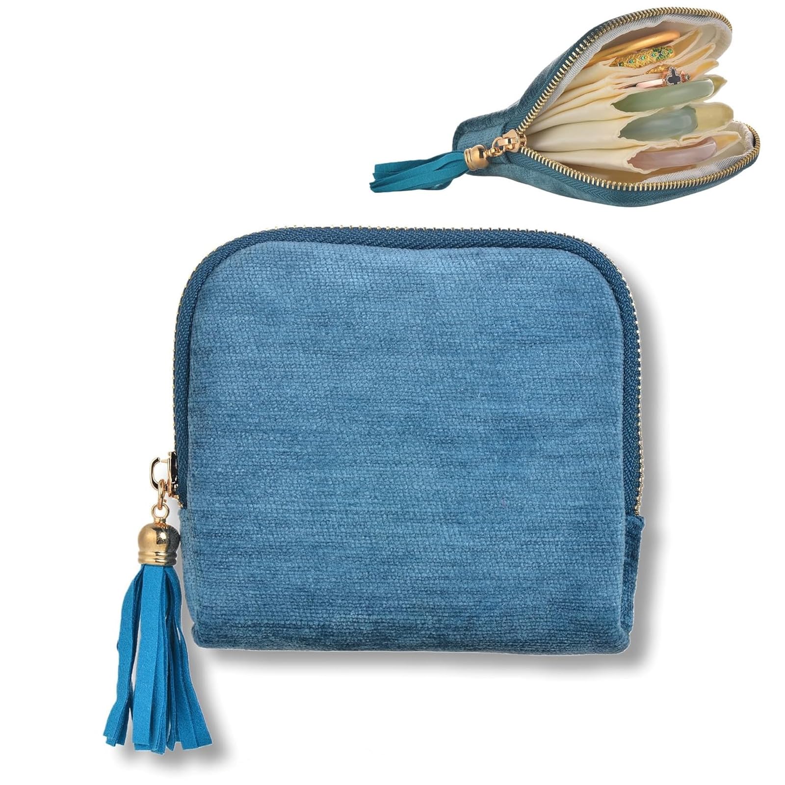Haoxyo Peacock Blue Travel Jewelry Case, Velvet Travel Jewelry Organizer Pouch: Compact & Tangle-Free Storage For Bracelets, Necklaces & Rings, Secure Zipper Jewelry Travel Organizer Bag (Peacock Blue)