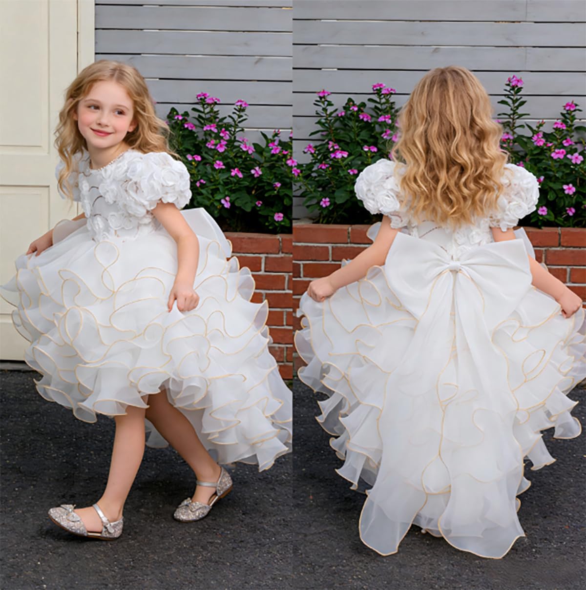 OTMYIGO Prinzessinnenkleid für Mädchen, 3D-Blumenrüschen-Tüll-Tutu-Kleid für Blumenmädchen Geburtstags Hochzeits- und Ballkleid