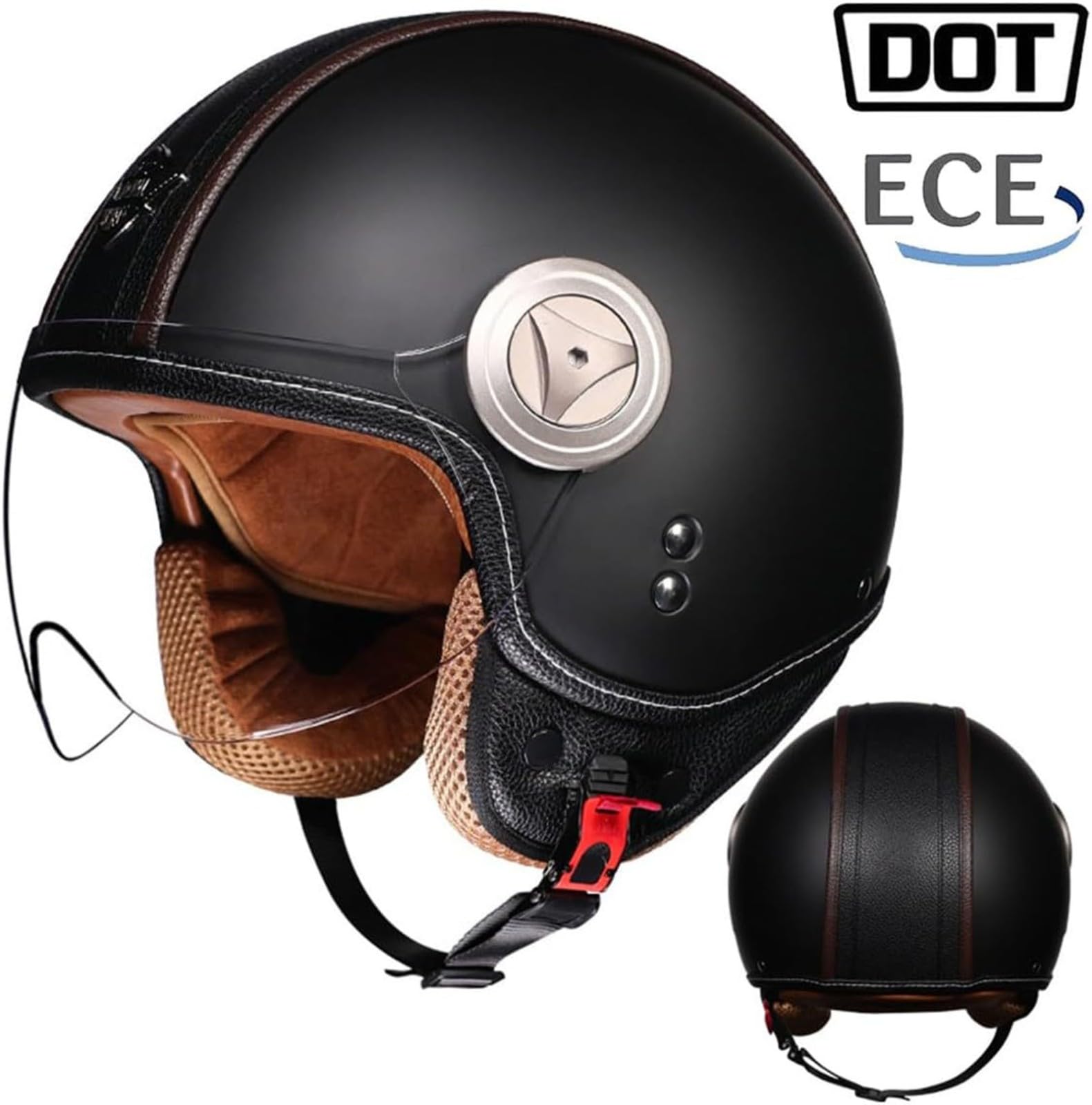 Zatwierdzony przez ECE kask motocyklowy retro, styl vintage kask do skutera 3/4, wykonany z prawdziwej skóry z wizjerem, dla mężczyzn i kobiet
