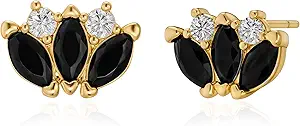 FETTERO Stud Earrings for Women - 14K Gold Plated CZ Hypoallergenic Earrings Studs Dainty Black CZ Leaf Gold Earrings for Women Trendy Statement Jewelry