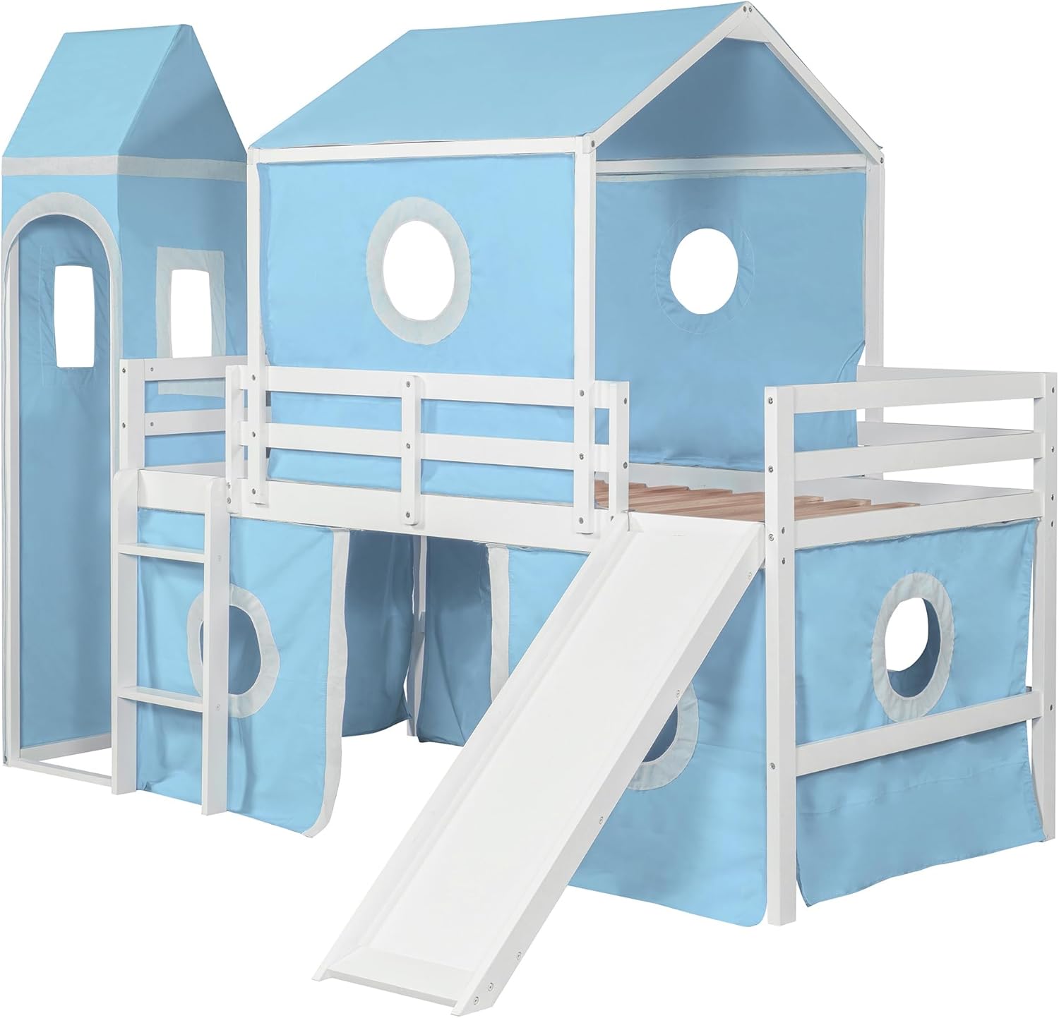 Twin Size Loft Bed with Slide, Pink Tent Blue Tower, Solid Wood Playhouse Bed Frame for Kids Bedroom, Space Saving Children'Loft Bed with Guardrails Ladder