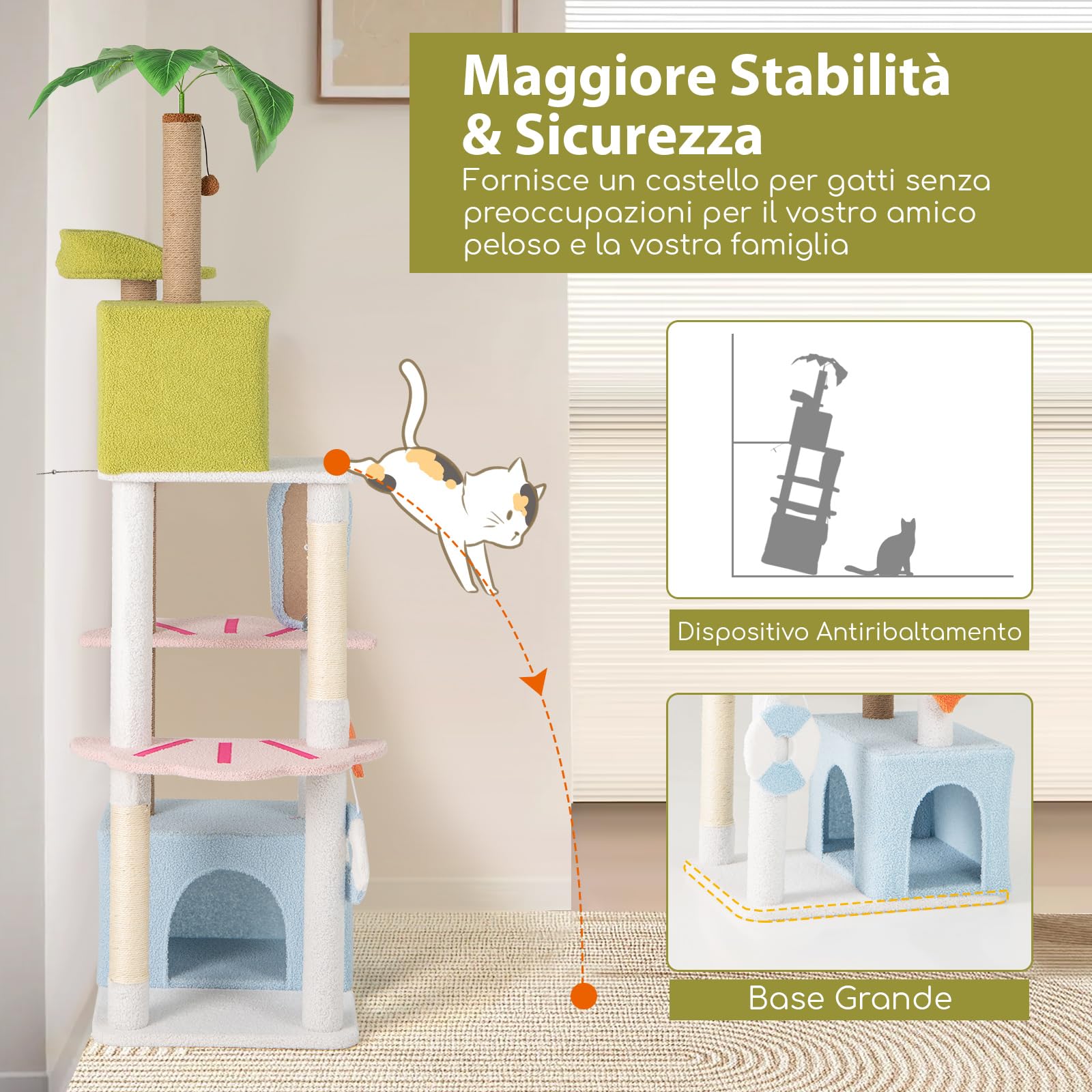 COSTWAY Tiragraffi per Gatto Alto 180 cm Stile Tropicale, Albero Tiragraffi Gatti con Pali con Corda in Juta, Piattaforme, 2 Grotte e Pompon, Torre Gatto Rivestito in Peluche, Blu e Verde