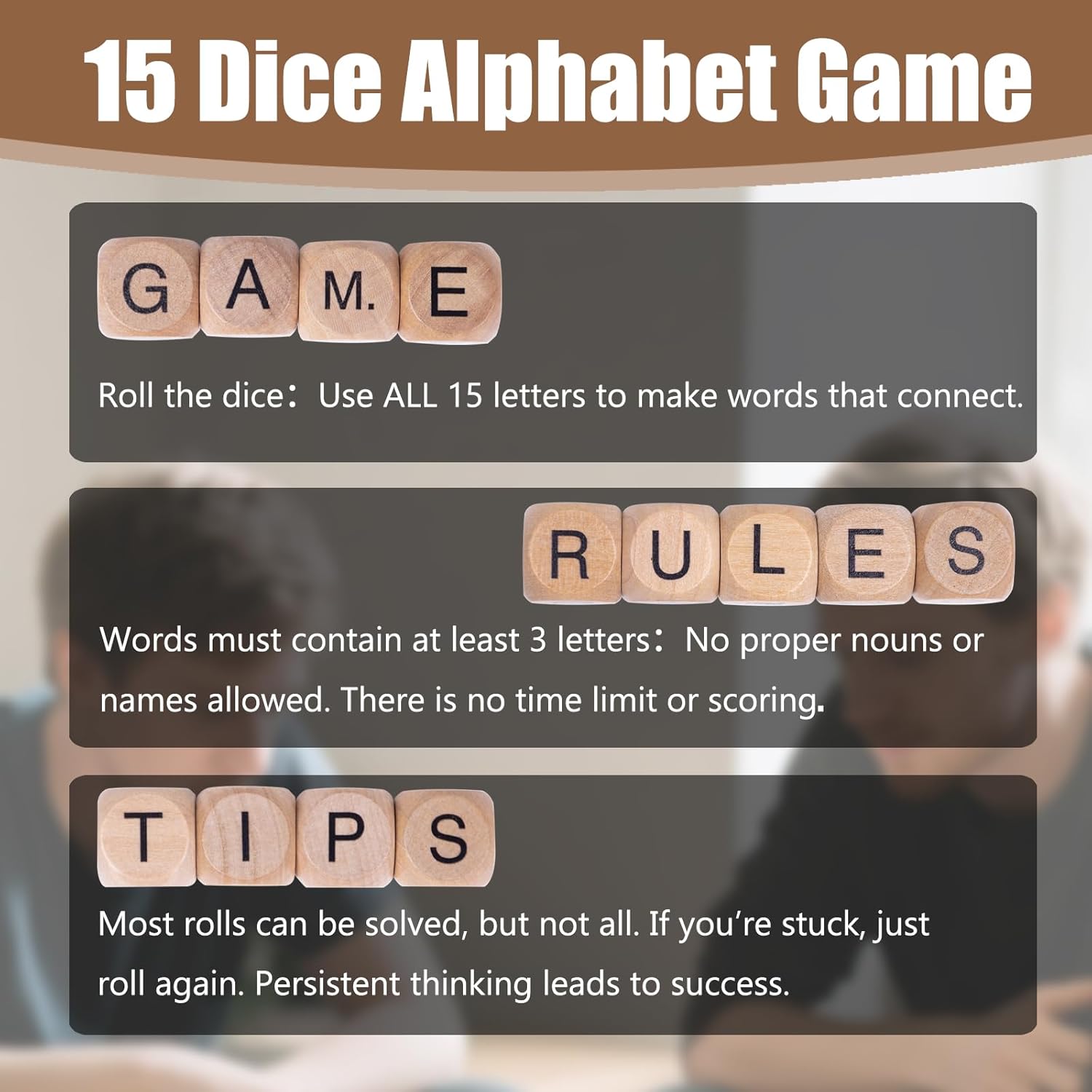 WodGod Crossword Dice Game for Adults – 15 Wooden Letter Dice for Strategic Play, Language Practice & Travel Use