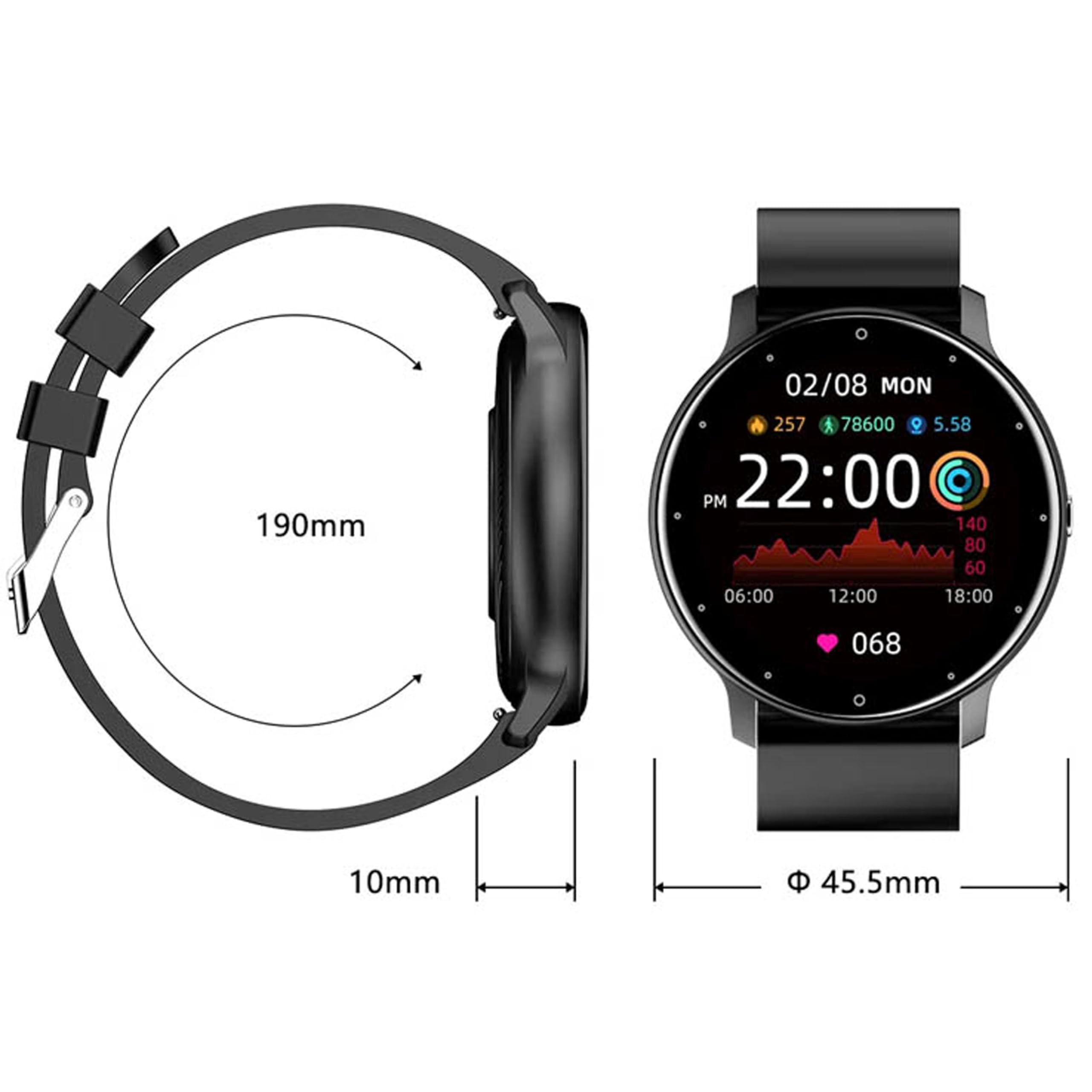 Retoo Smartwatch, inteligentny zegarek 45mm, zegarek na rękę z ekranem dotykowym, pasek sportowy, bransoletka fitness, zegarek czarny 5 tarcz, prezent dla mężczyzn i kobiet, czarny, stal srebrna