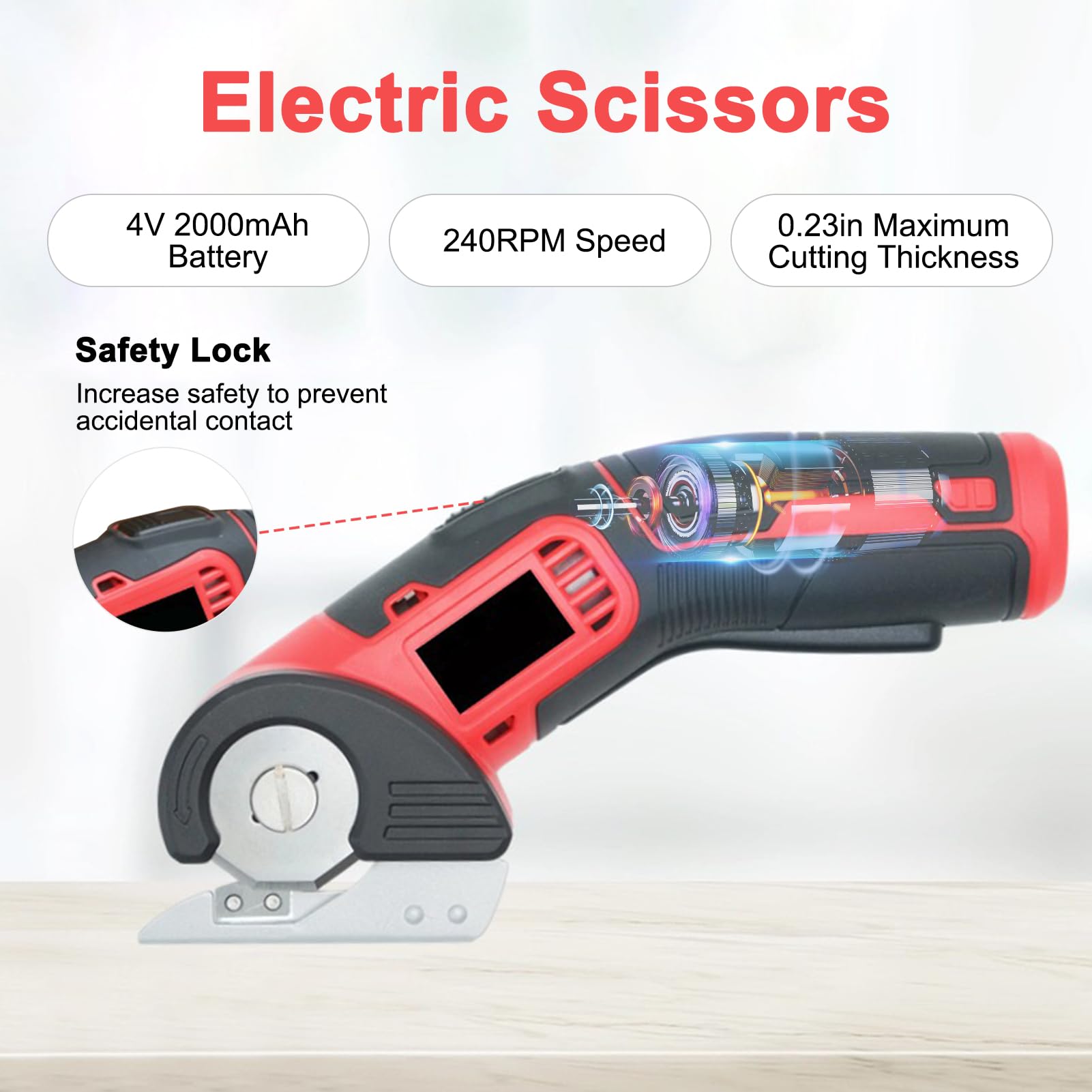 Tijeras eléctricas inalámbricas de 4 V, 2000 mAh, bloqueo de seguridad, corte recargable para cuero, papel, tela para artesanos, negro y rojo